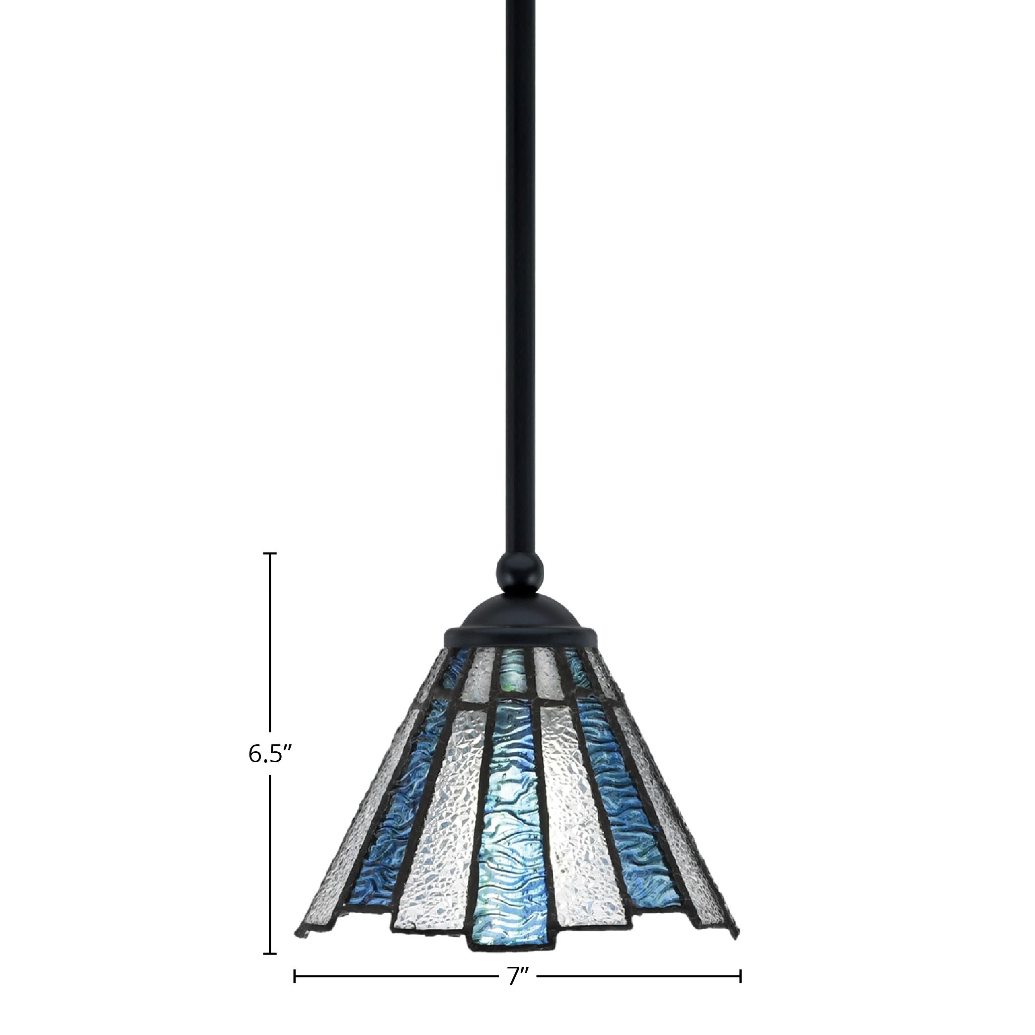 Zilo One Light Mini Pendant in Matte Black with 7" Sea Ice Art Glass Shade