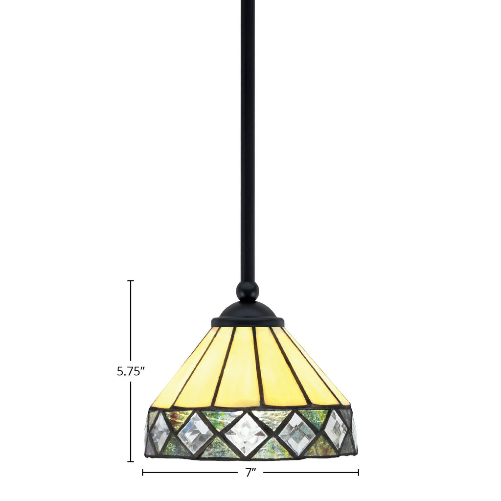 Zilo One Light Mini Pendant in Matte Black with 7" Diamond Peak Art Glass Shade