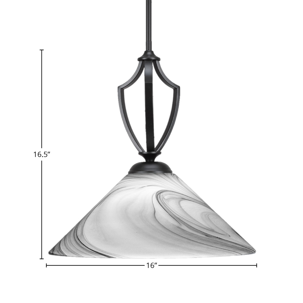 Zilo One Light Pendant in Matte Black with 16" Onyx Swirl Shade