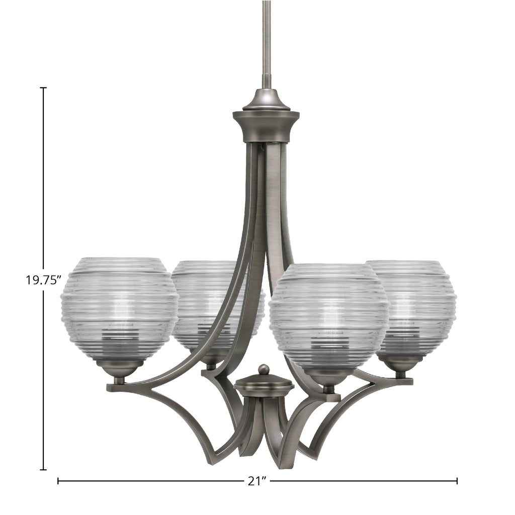 Zilo Four Light Chandelier in Graphite with 6" Clear Ribbed Shade