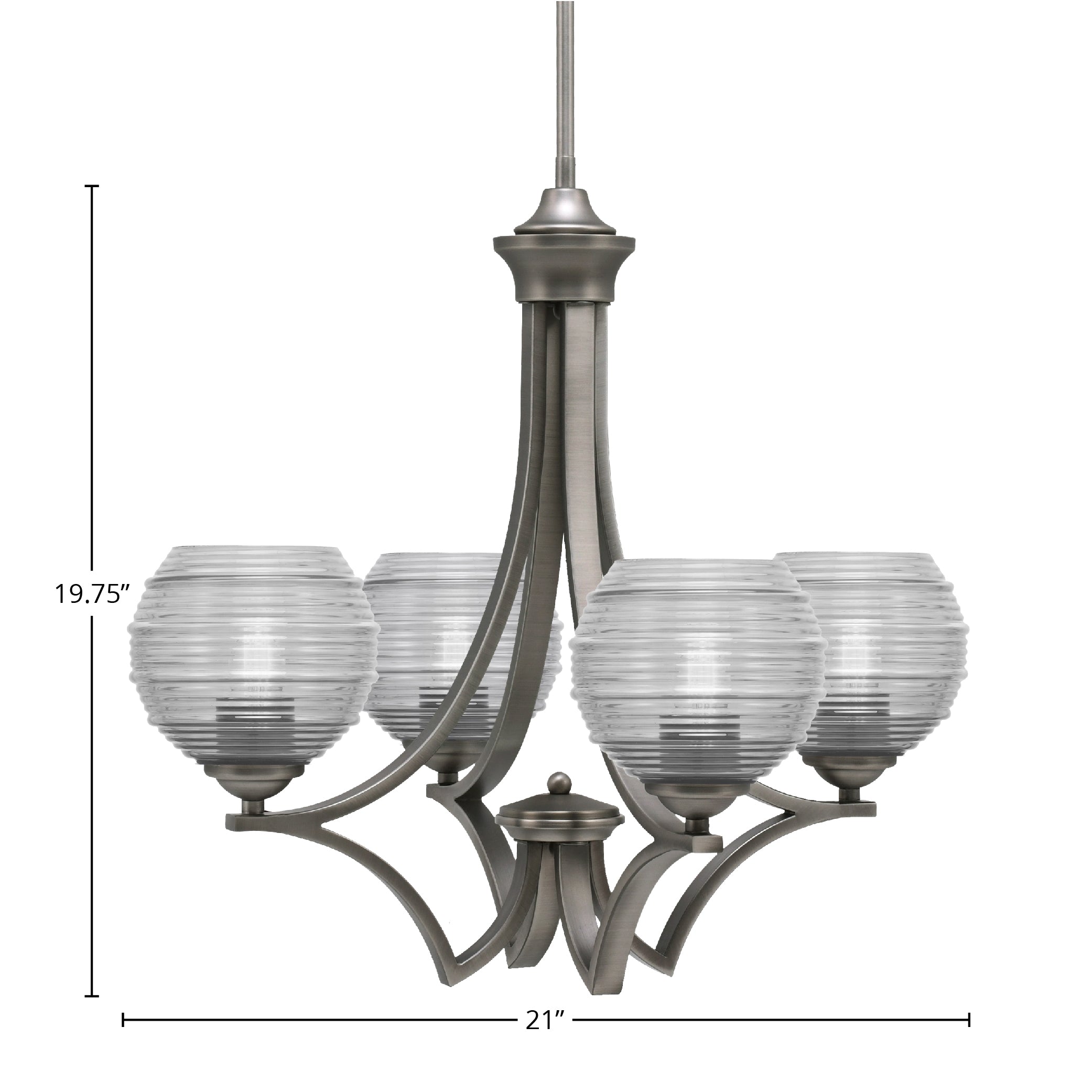 Zilo Four Light Chandelier in Graphite with 6" Clear Ribbed Shade