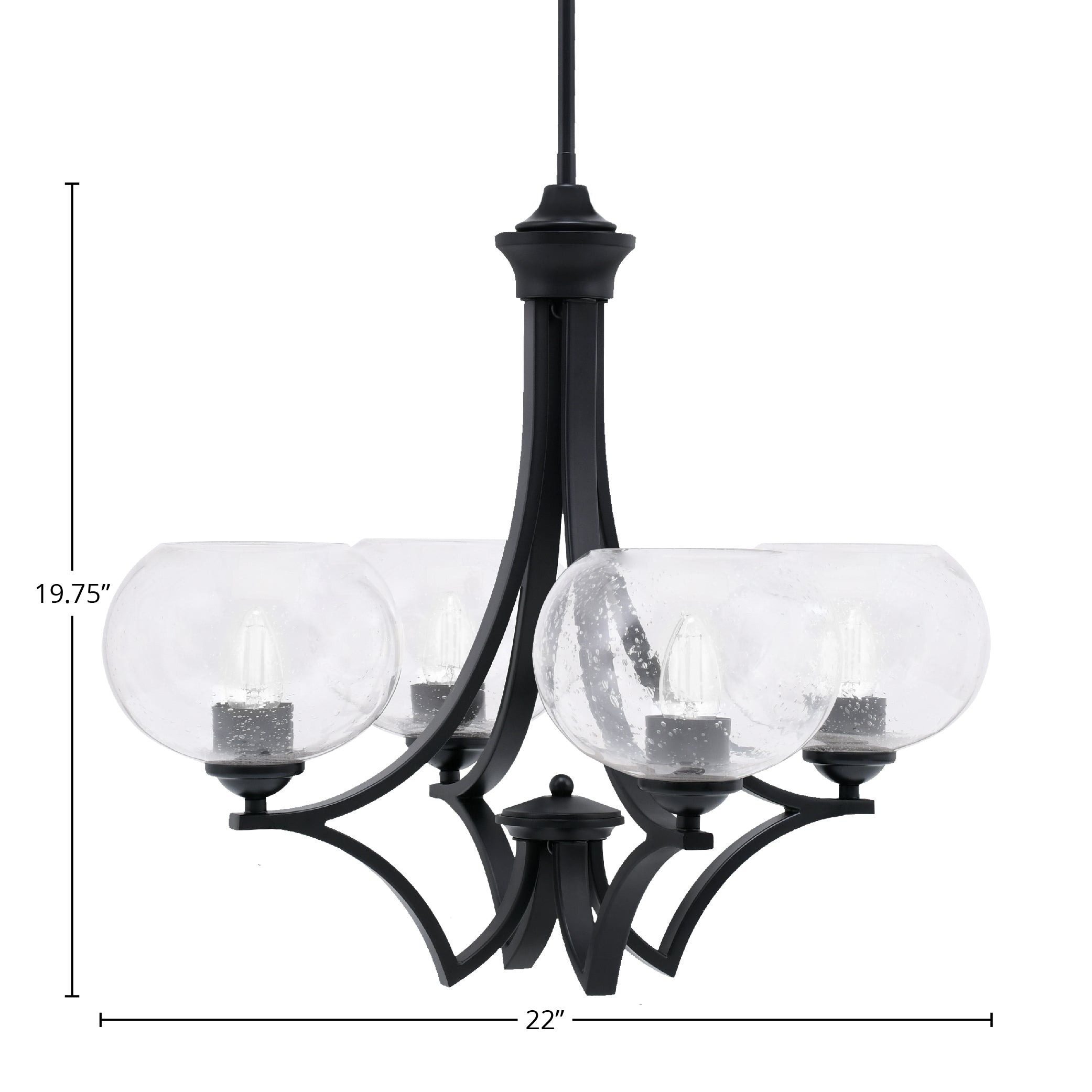 Zilo Four Light Chandelier in Matte Black with 7" Clear Bubble Shade