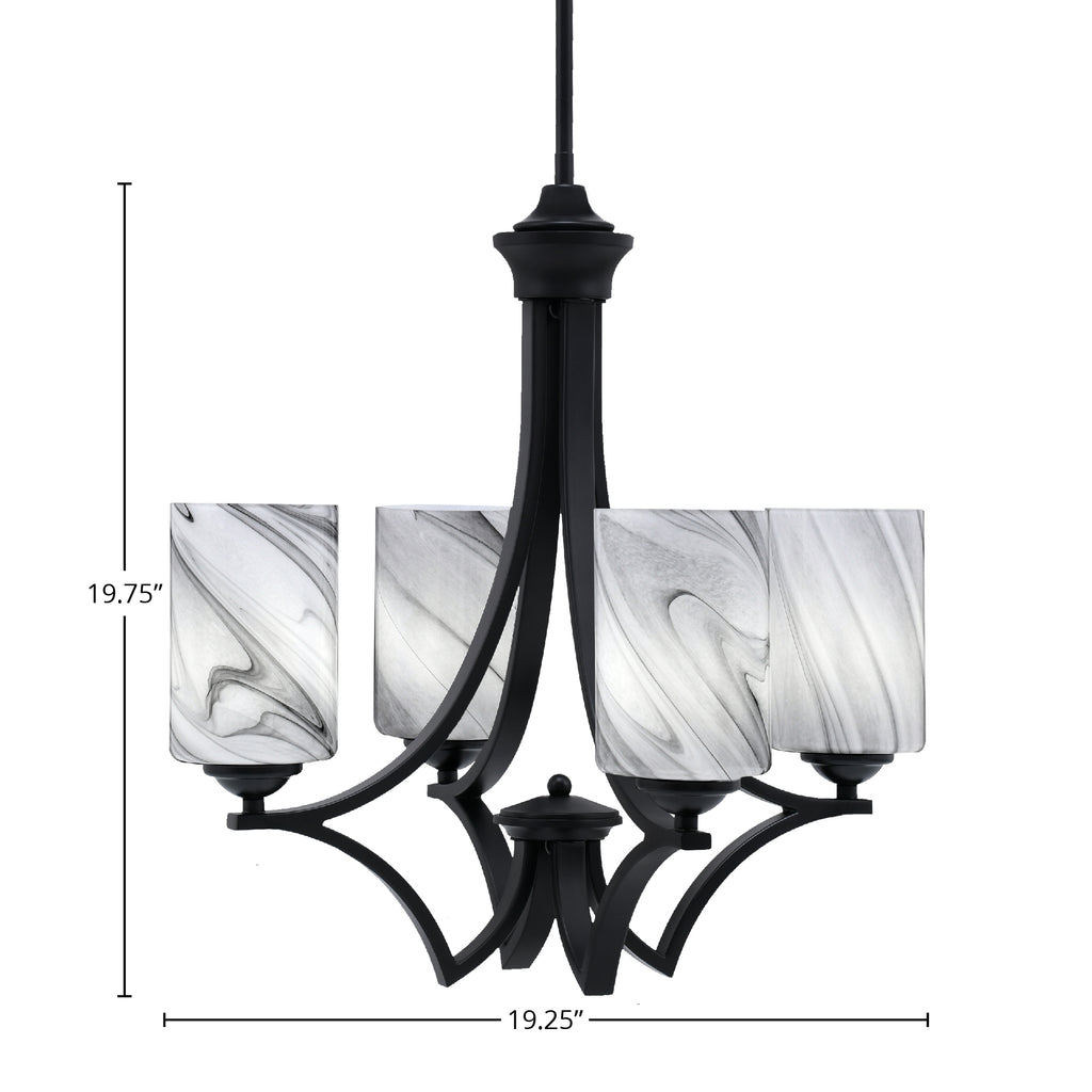 Zilo Four Light Chandelier in Matte Black with 4" Onyx Swirl Shade