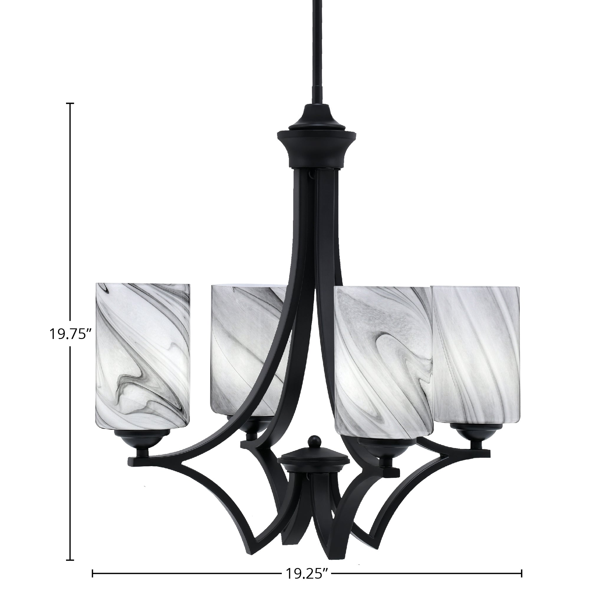 Zilo Four Light Chandelier in Matte Black with 4" Onyx Swirl Shade