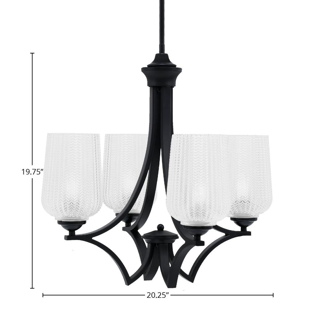 Zilo Four Light Chandelier in Matte Black with 5" Clear Textured Shade
