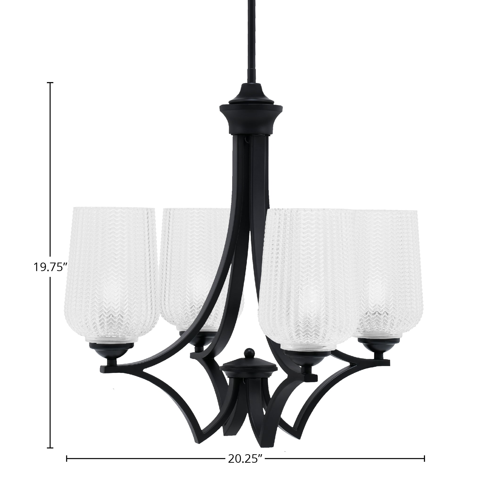 Zilo Four Light Chandelier in Matte Black with 5" Clear Textured Shade