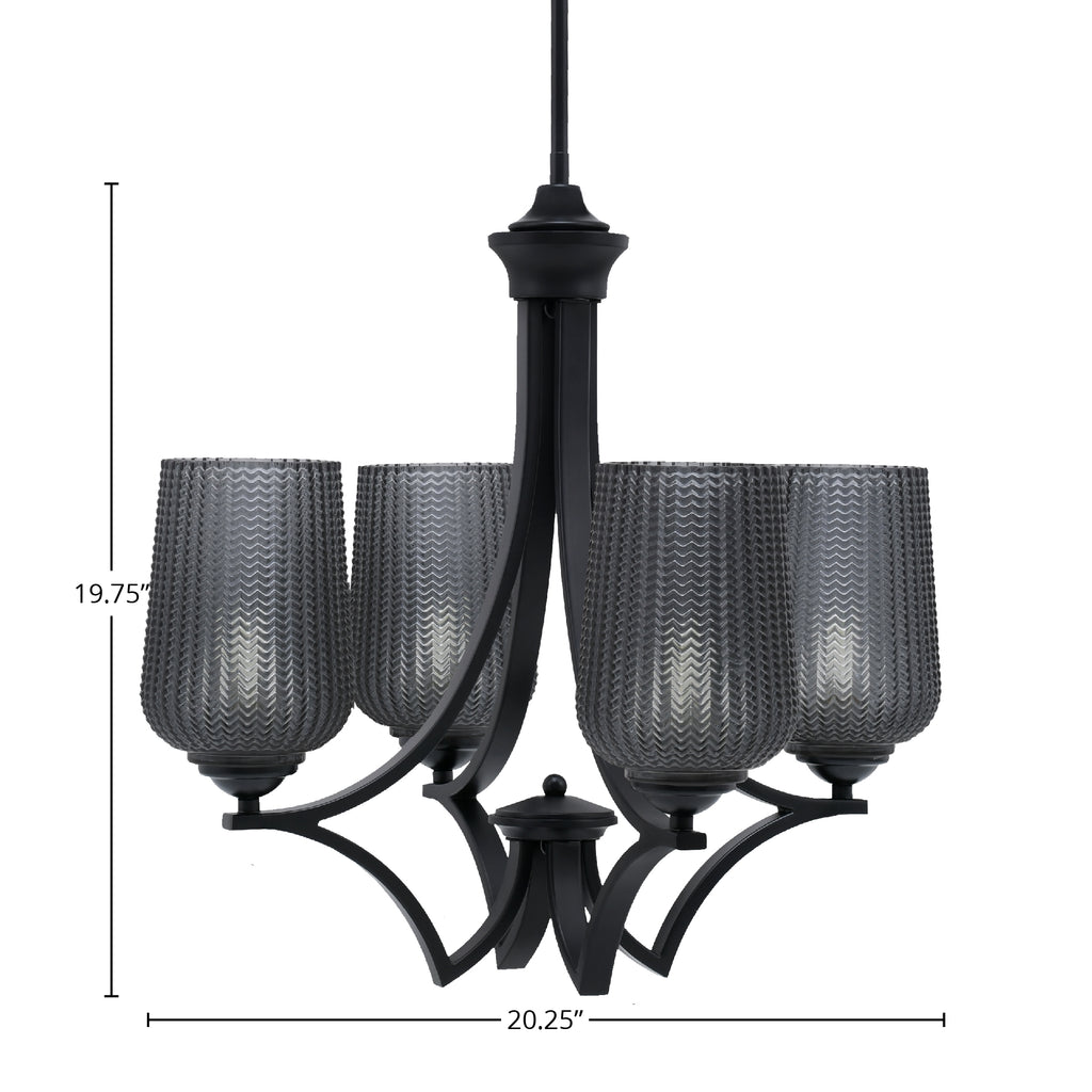 Zilo Four Light Chandelier in Matte Black with 5" Smoke Textured Shade