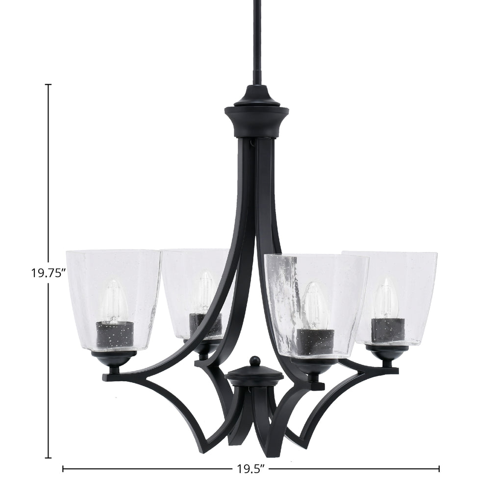 Zilo Four Light Chandelier in Matte Black with 4.5" Square Clear Bubble Shade