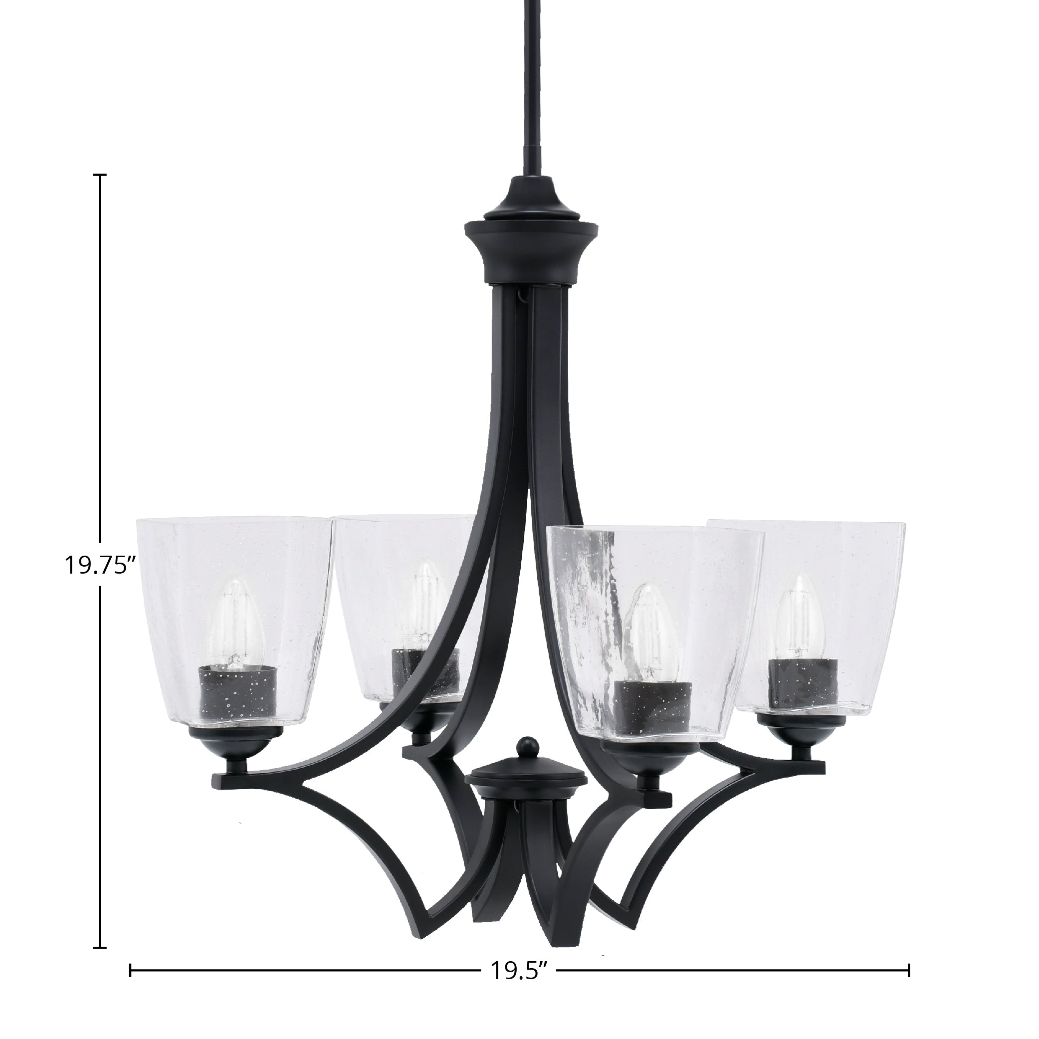 Zilo Four Light Chandelier in Matte Black with 4.5" Square Clear Bubble Shade