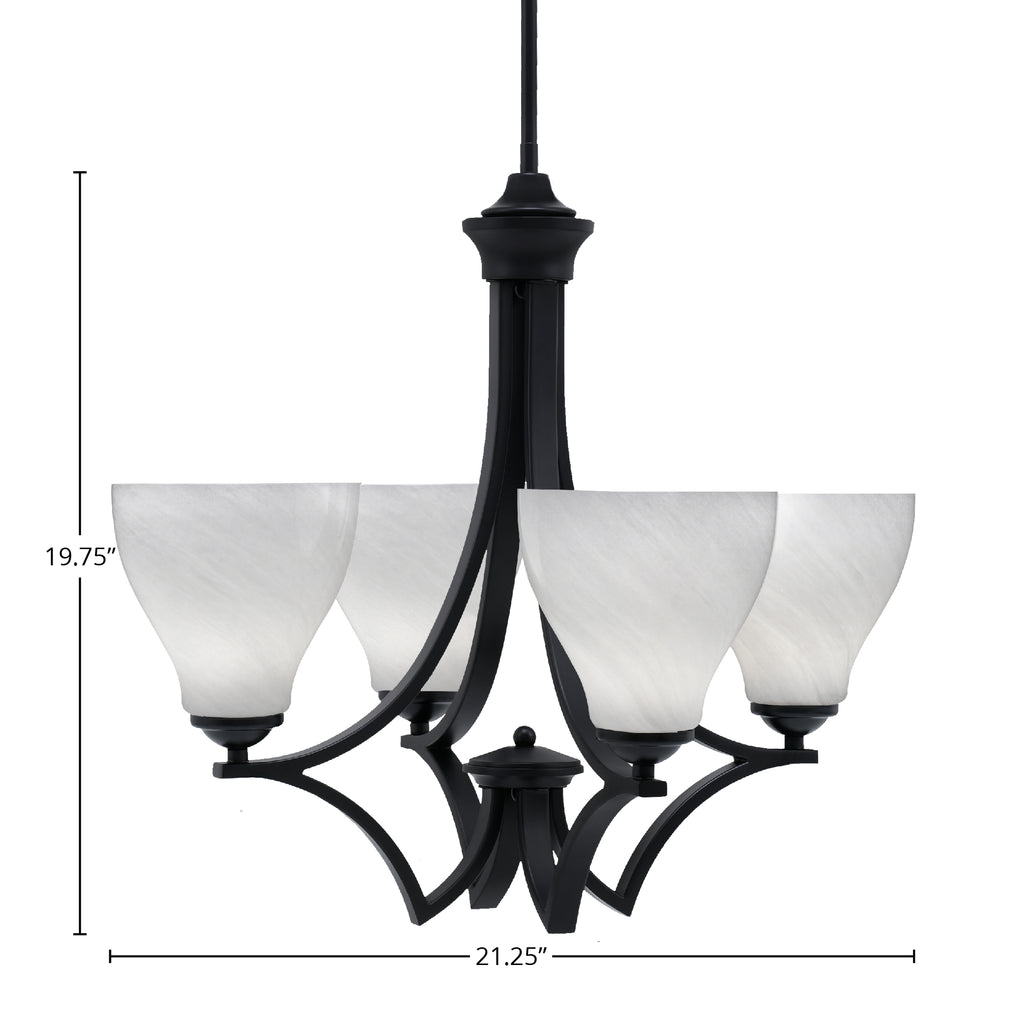 Zilo Four Light Chandelier in Matte Black with 6.25" White Marble Shade