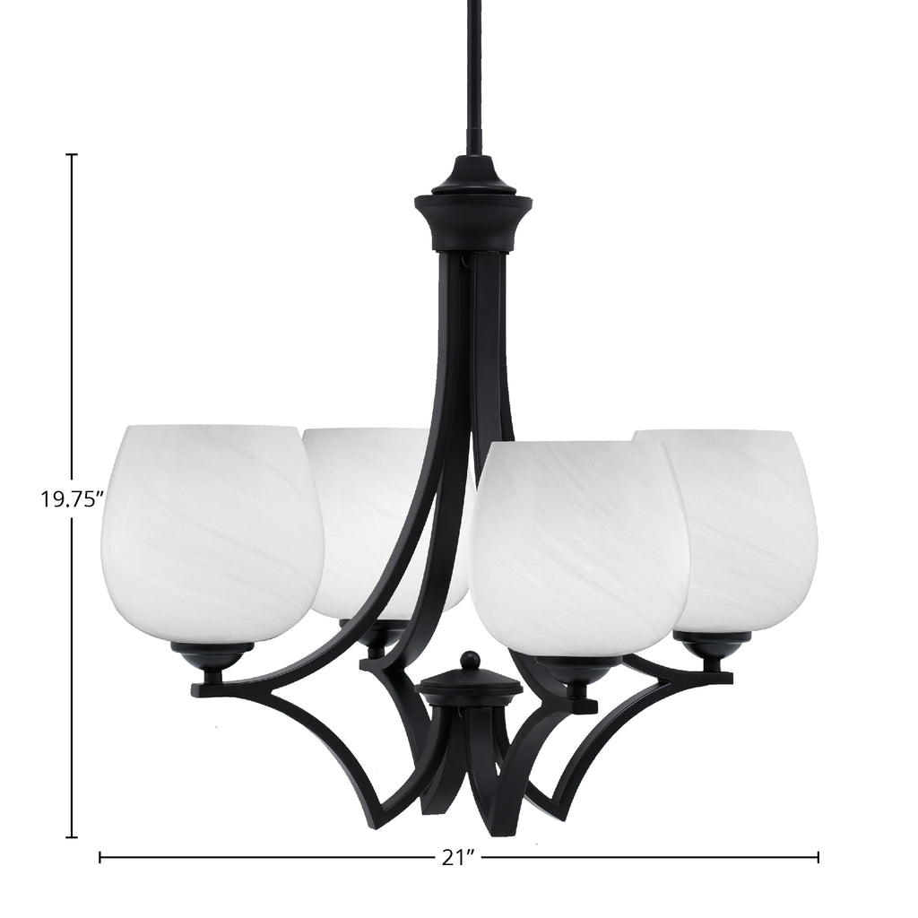 Zilo Four Light Chandelier in Matte Black with 6" White Marble Shade