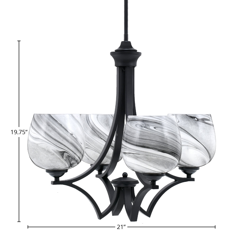 Zilo Four Light Chandelier in Matte Black with 6" Onyx Swirl Shade