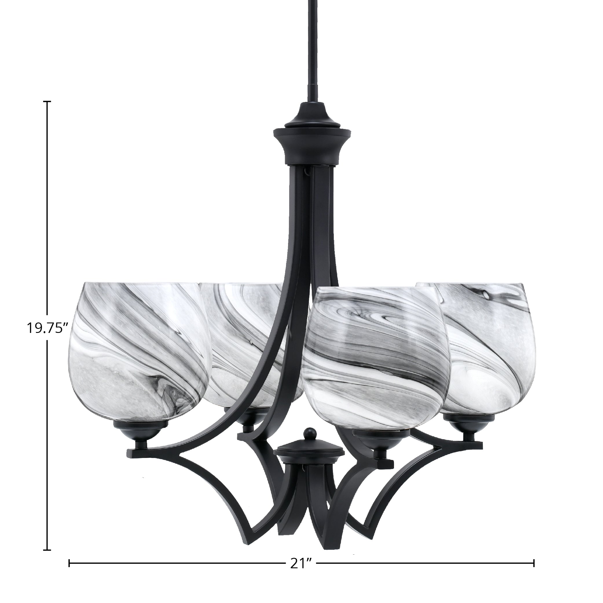 Zilo Four Light Chandelier in Matte Black with 6" Onyx Swirl Shade