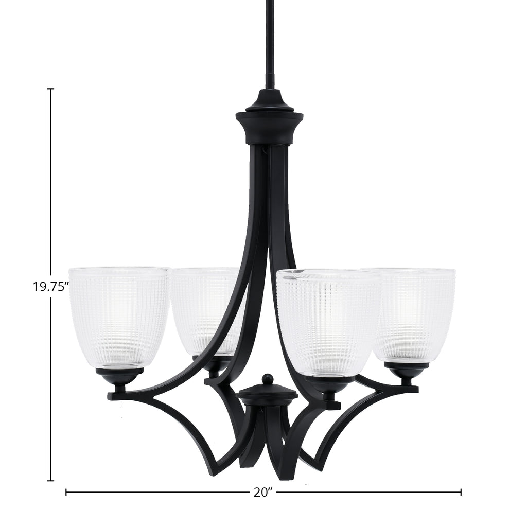 Zilo Four Light Chandelier in Matte Black with 5" Clear Ribbed Shade