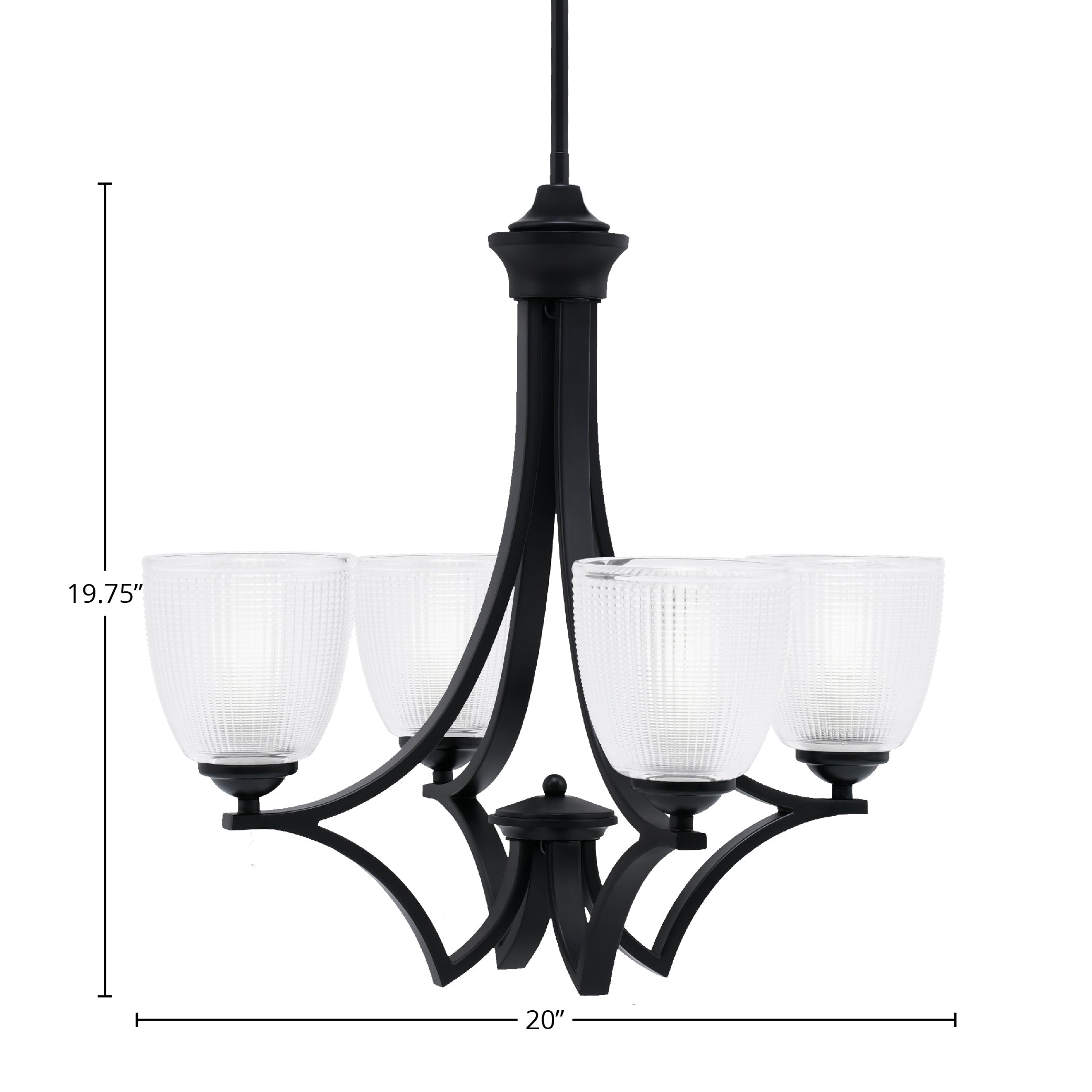 Zilo Four Light Chandelier in Matte Black with 5" Clear Ribbed Shade