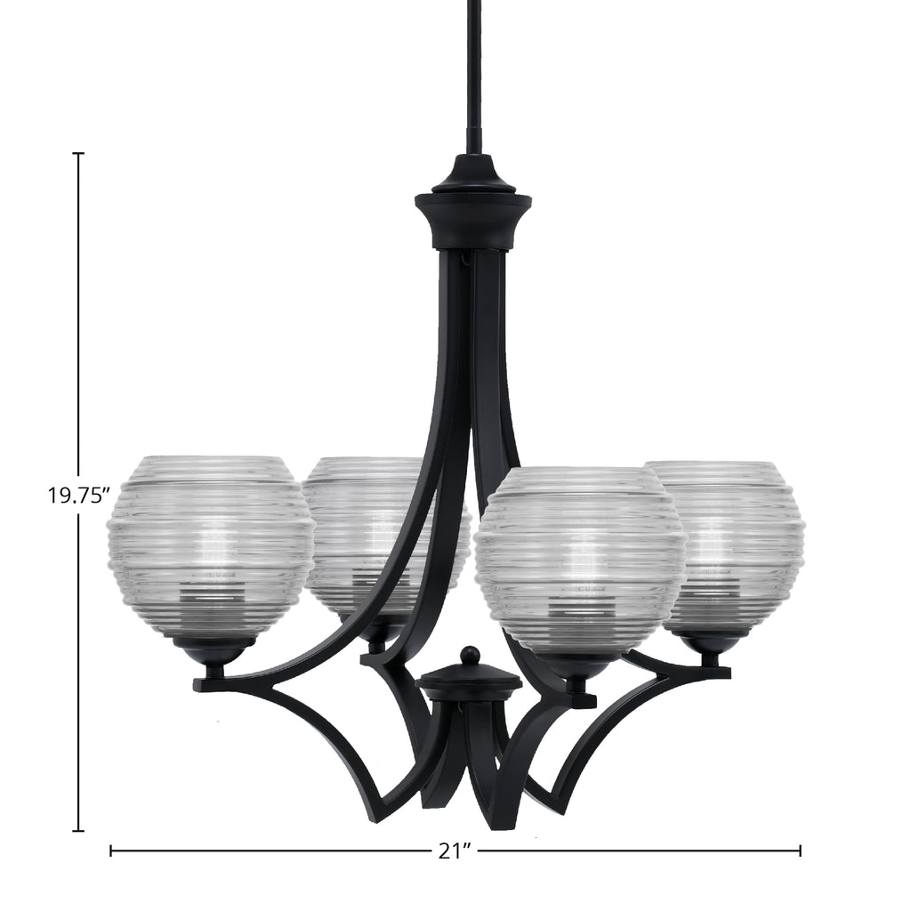 Zilo Four Light Chandelier in Matte Black with 6" Clear Ribbed Shade