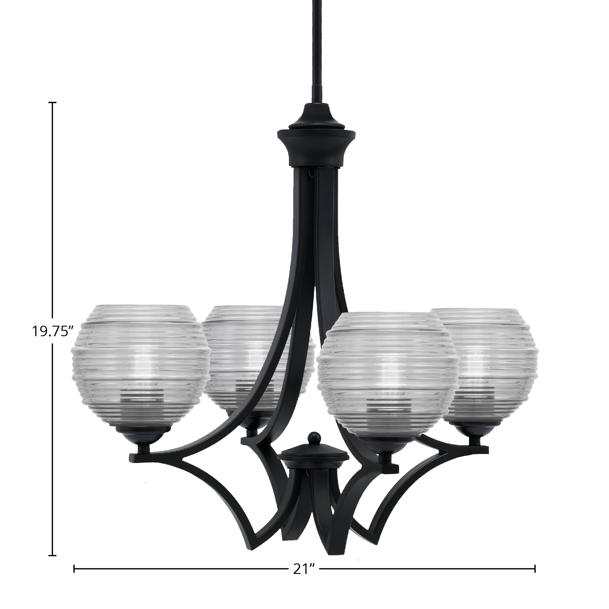 Zilo Four Light Chandelier in Matte Black with 6" Clear Ribbed Shade