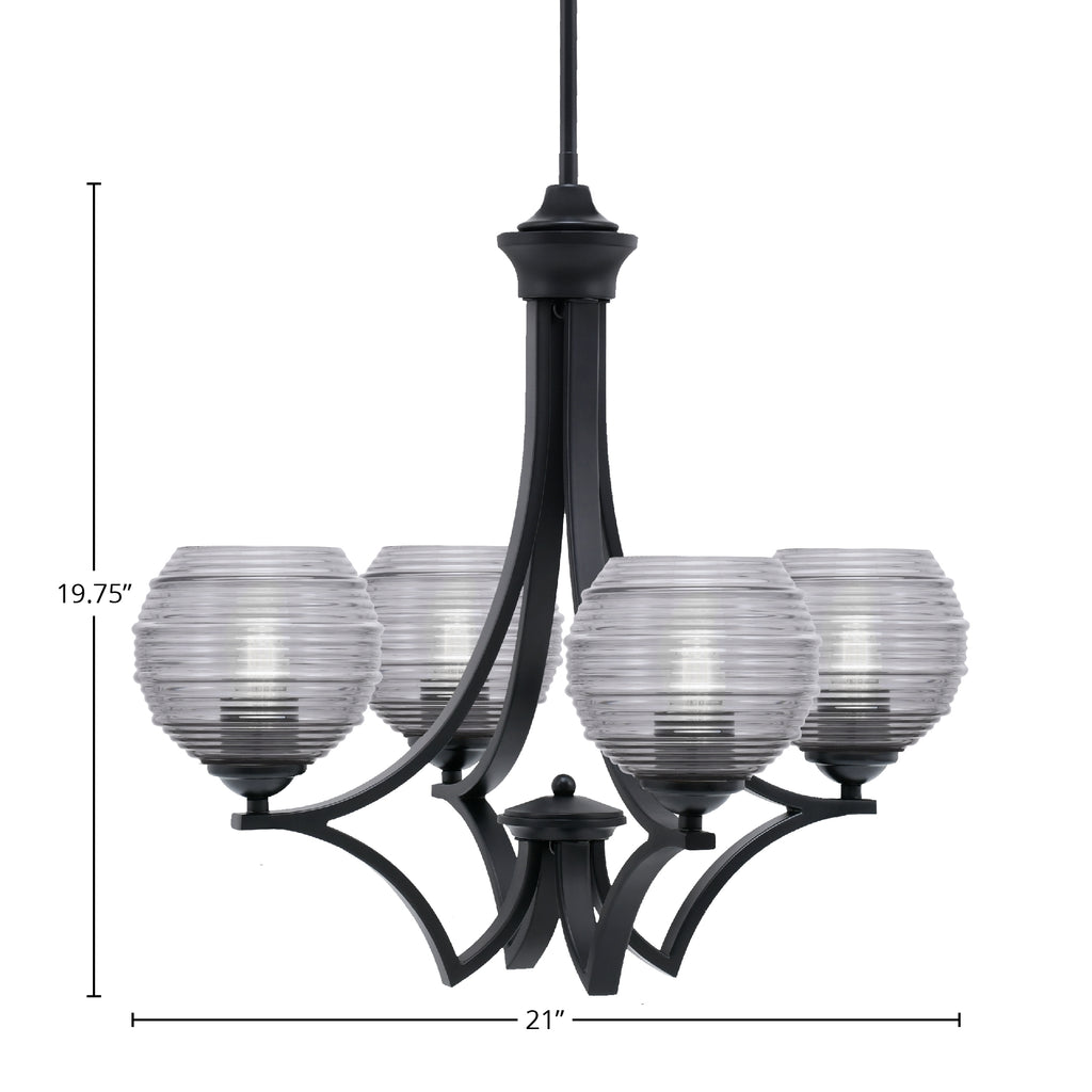 Zilo Four Light Chandelier in Matte Black with 6" Smoke Ribbed Shade