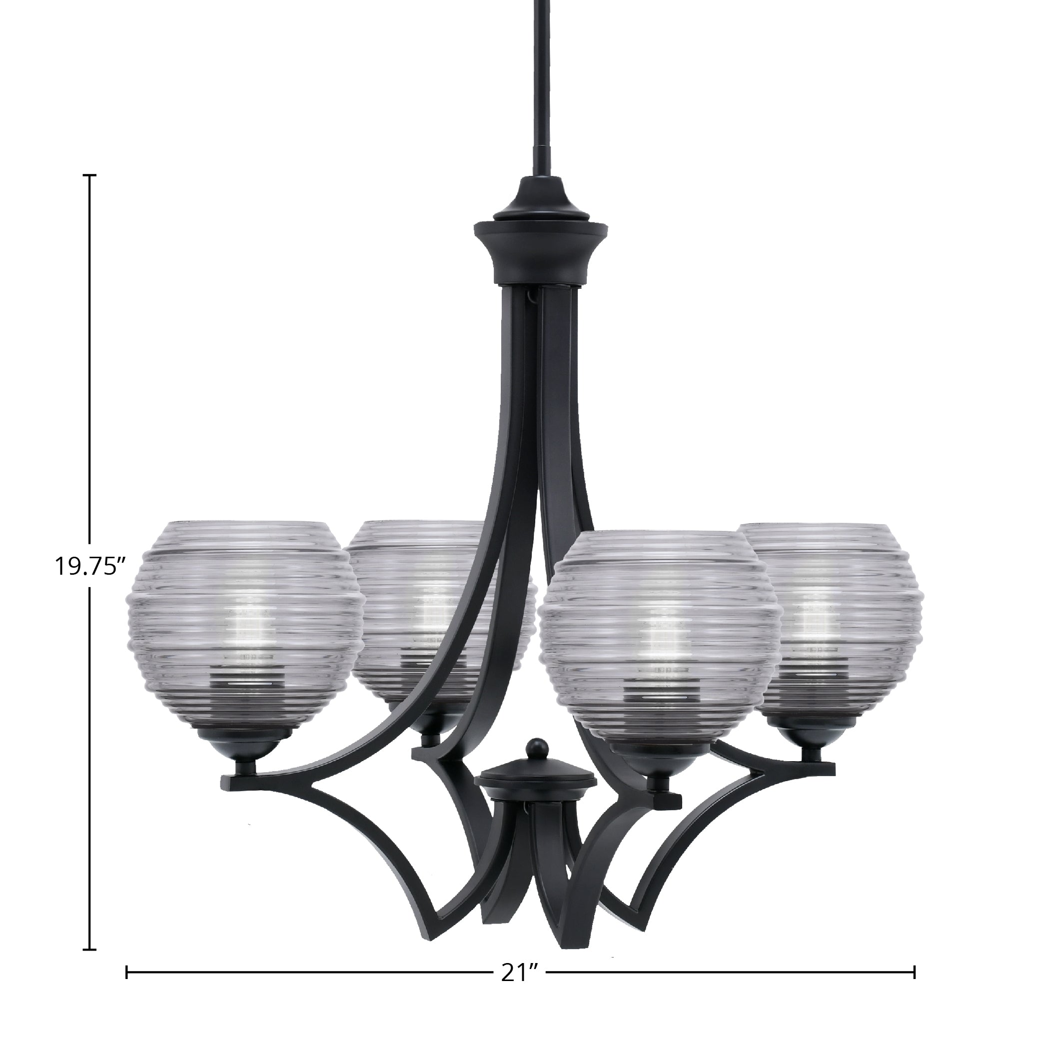 Zilo Four Light Chandelier in Matte Black with 6" Smoke Ribbed Shade