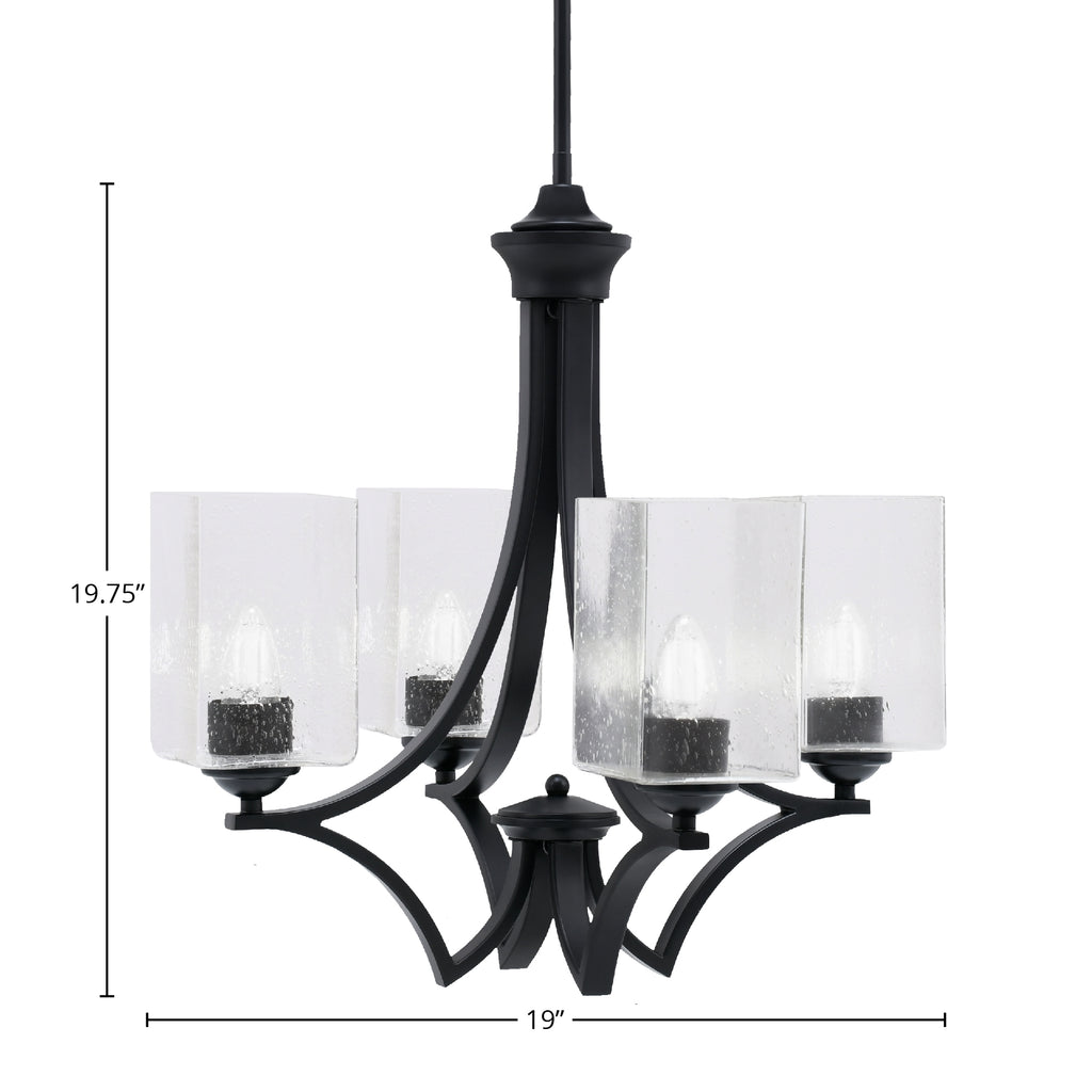 Zilo Four Light Chandelier in Matte Black with 4" Square Clear Bubble Shade