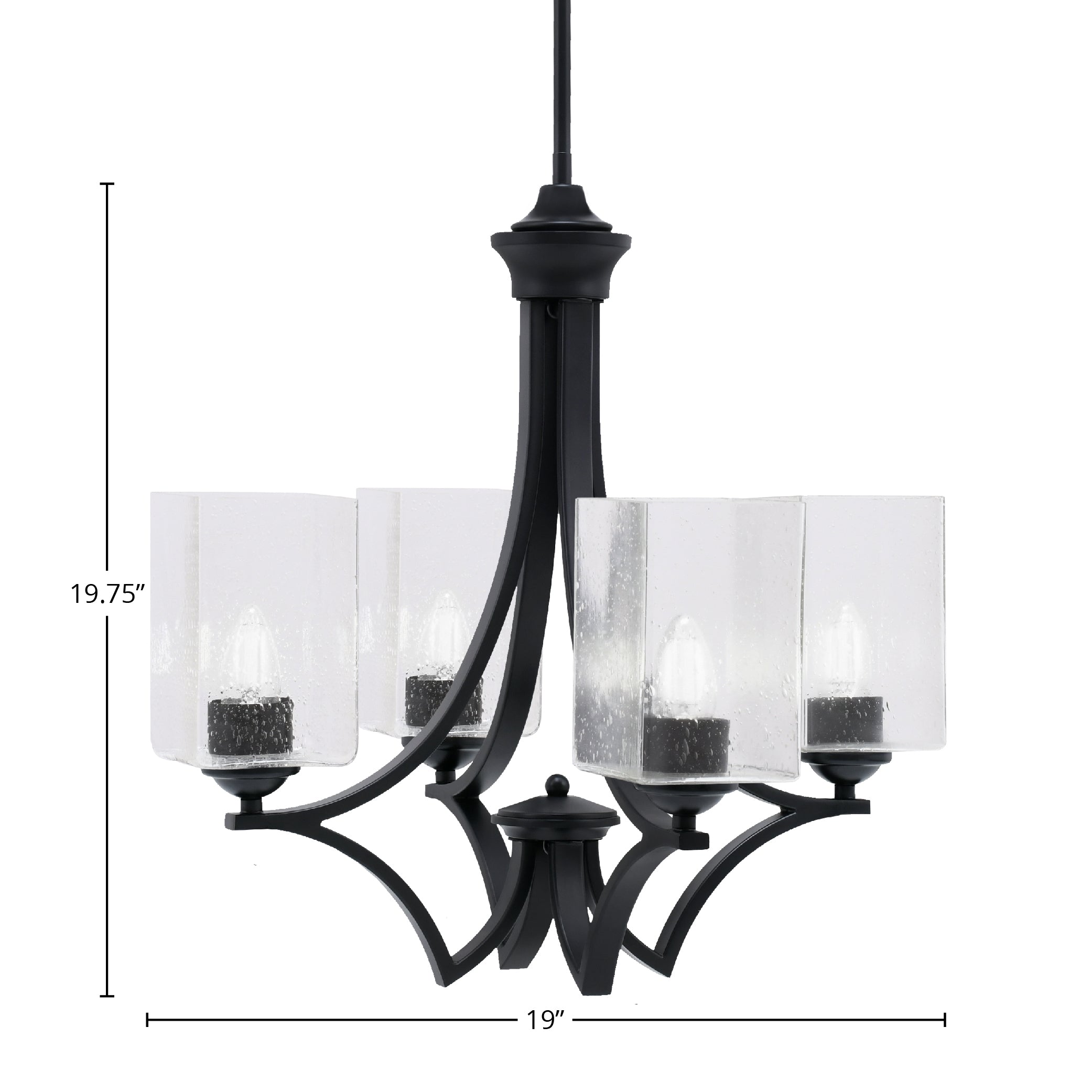 Zilo Four Light Chandelier in Matte Black with 4" Square Clear Bubble Shade