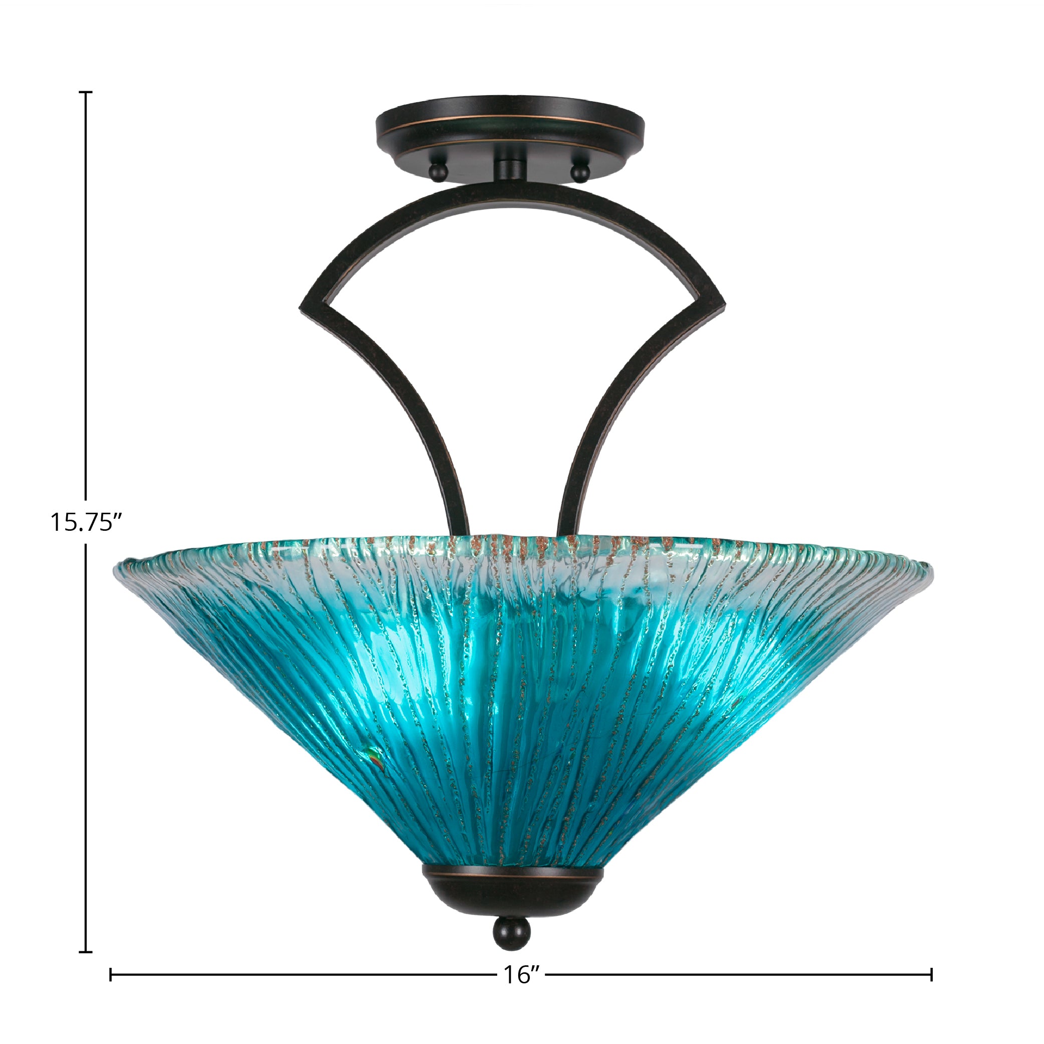 Zilo Three Light Semi-Flush Mount in Dark Granite with 16" Teal Crystal Shade