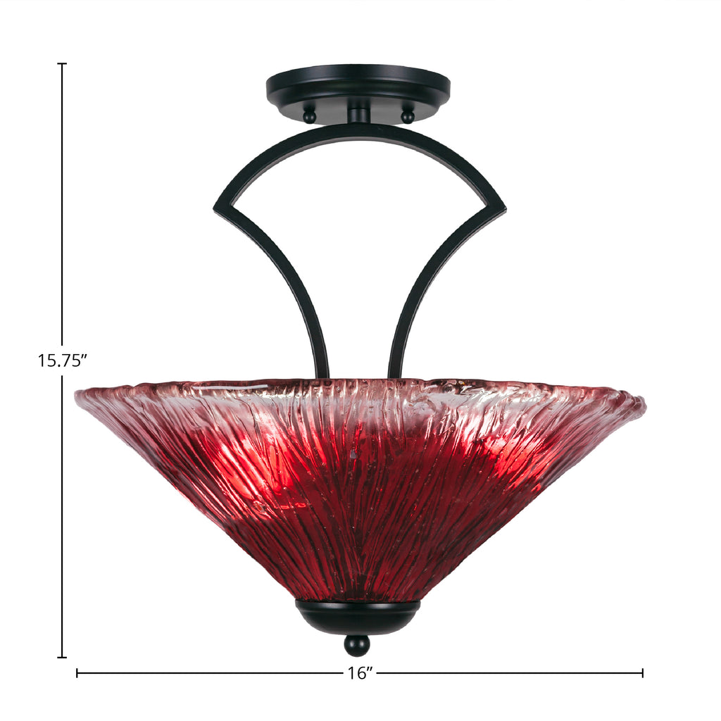 Zilo Three Light Semi-Flush Mount in Matte Black with 16" Raspberry Crystal Shade