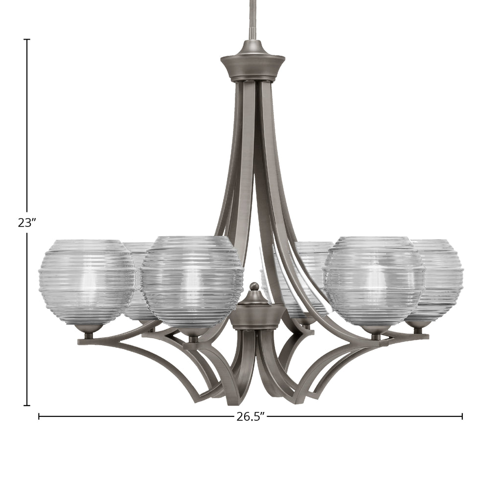 Zilo Six Light Chandelier in Graphite with 6" Clear Ribbed Shade