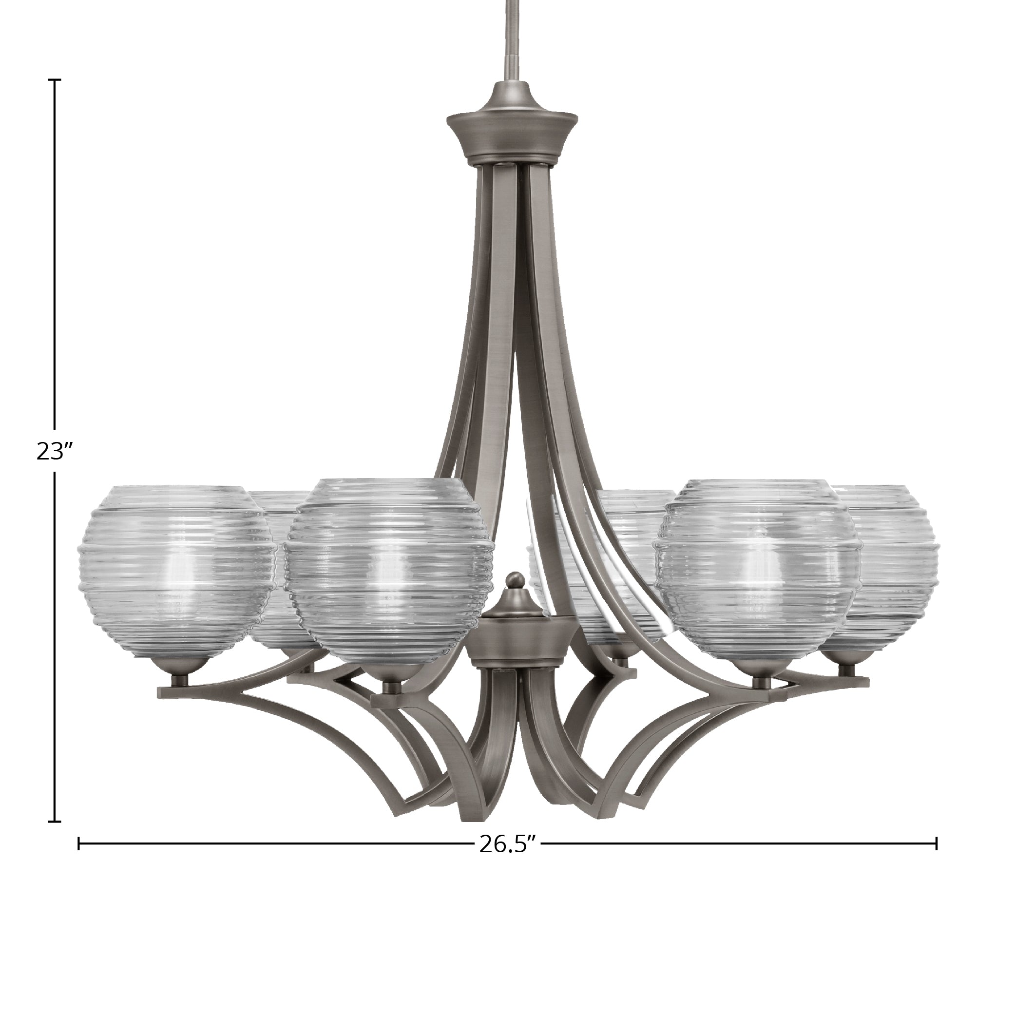 Zilo Six Light Chandelier in Graphite with 6" Clear Ribbed Shade