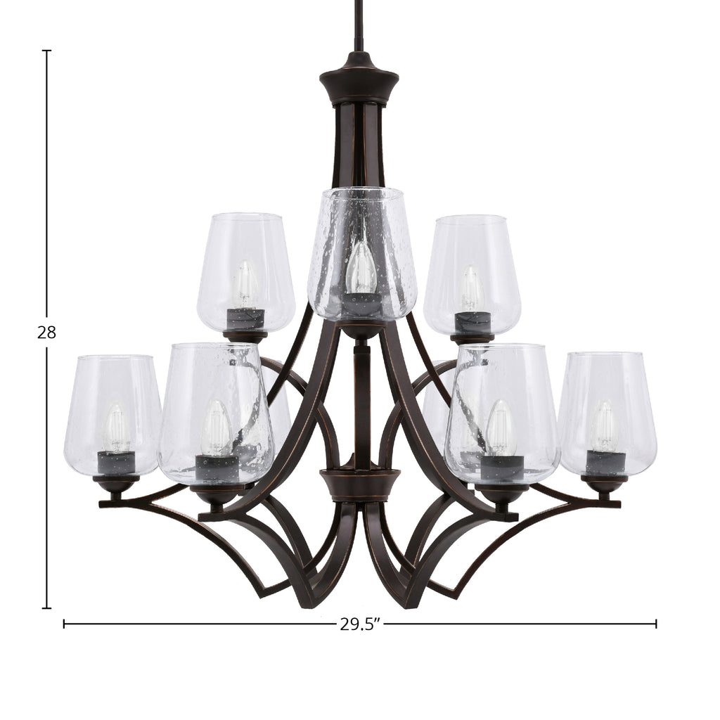 Zilo Nine Light Chandelier in Dark Granite with 5" Clear Bubble Shade