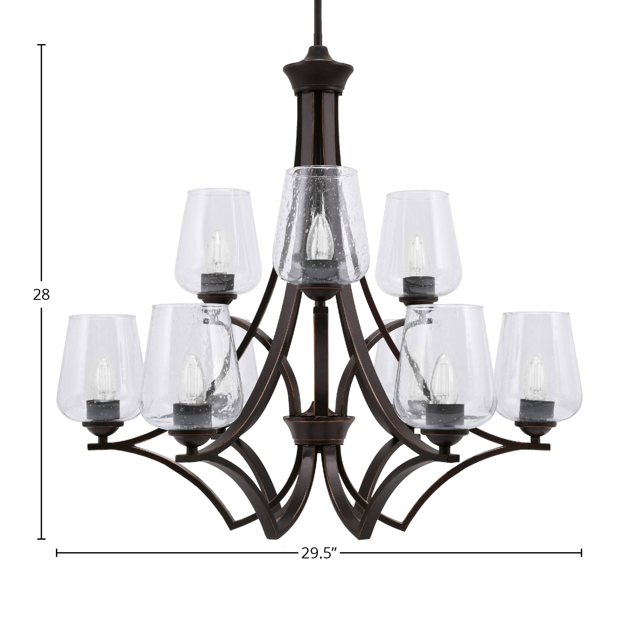 Zilo Nine Light Chandelier in Dark Granite with 5" Clear Bubble Shade