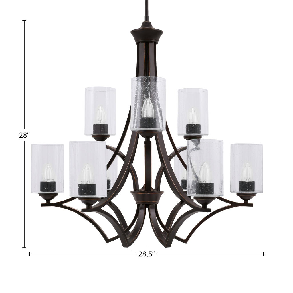 Zilo Nine Light Chandelier in Dark Granite with 4" Clear Bubble Shade