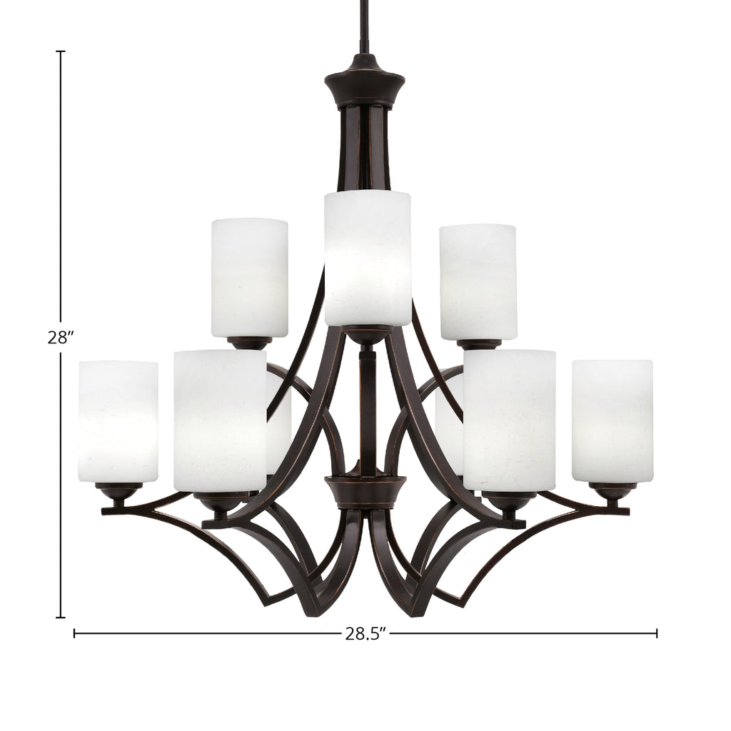 Zilo Nine Light Chandelier in Dark Granite with 4" White Muslin Shade