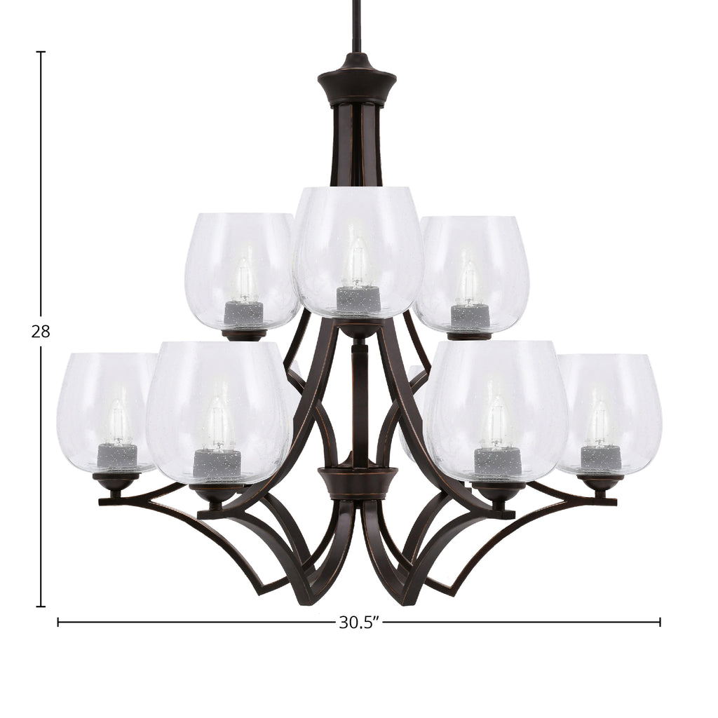 Zilo Nine Light Chandelier in Dark Granite with 6" Clear Bubble Shade