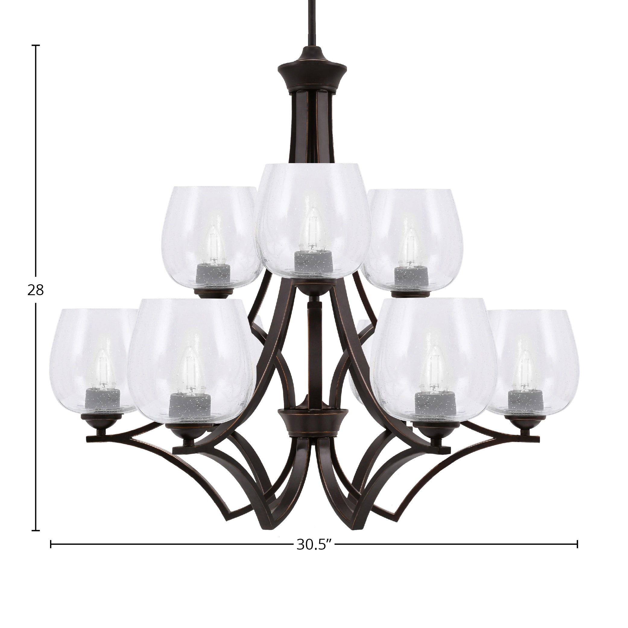 Zilo Nine Light Chandelier in Dark Granite with 6" Clear Bubble Shade