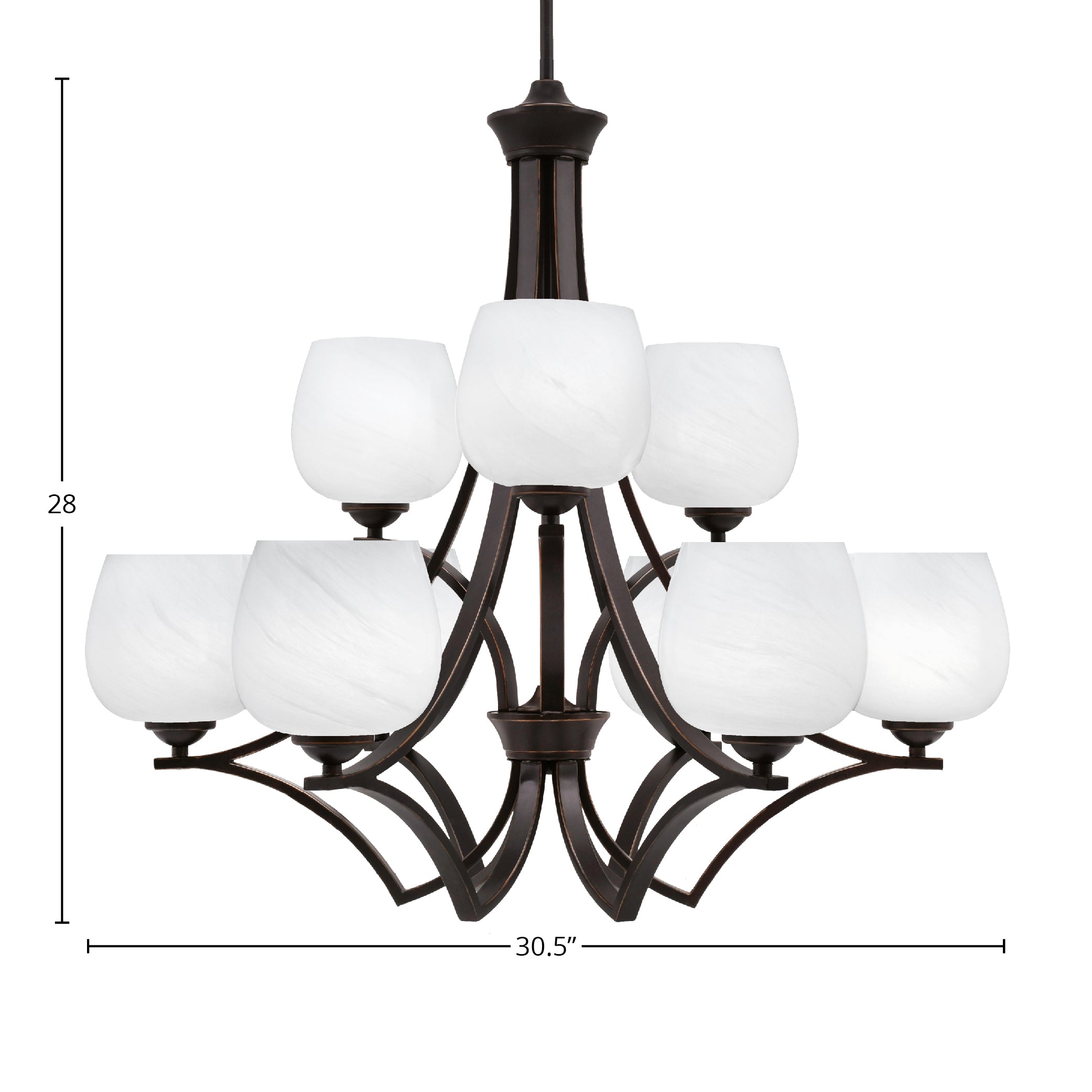 Zilo Nine Light Chandelier in Dark Granite with 6" White Marble Shade