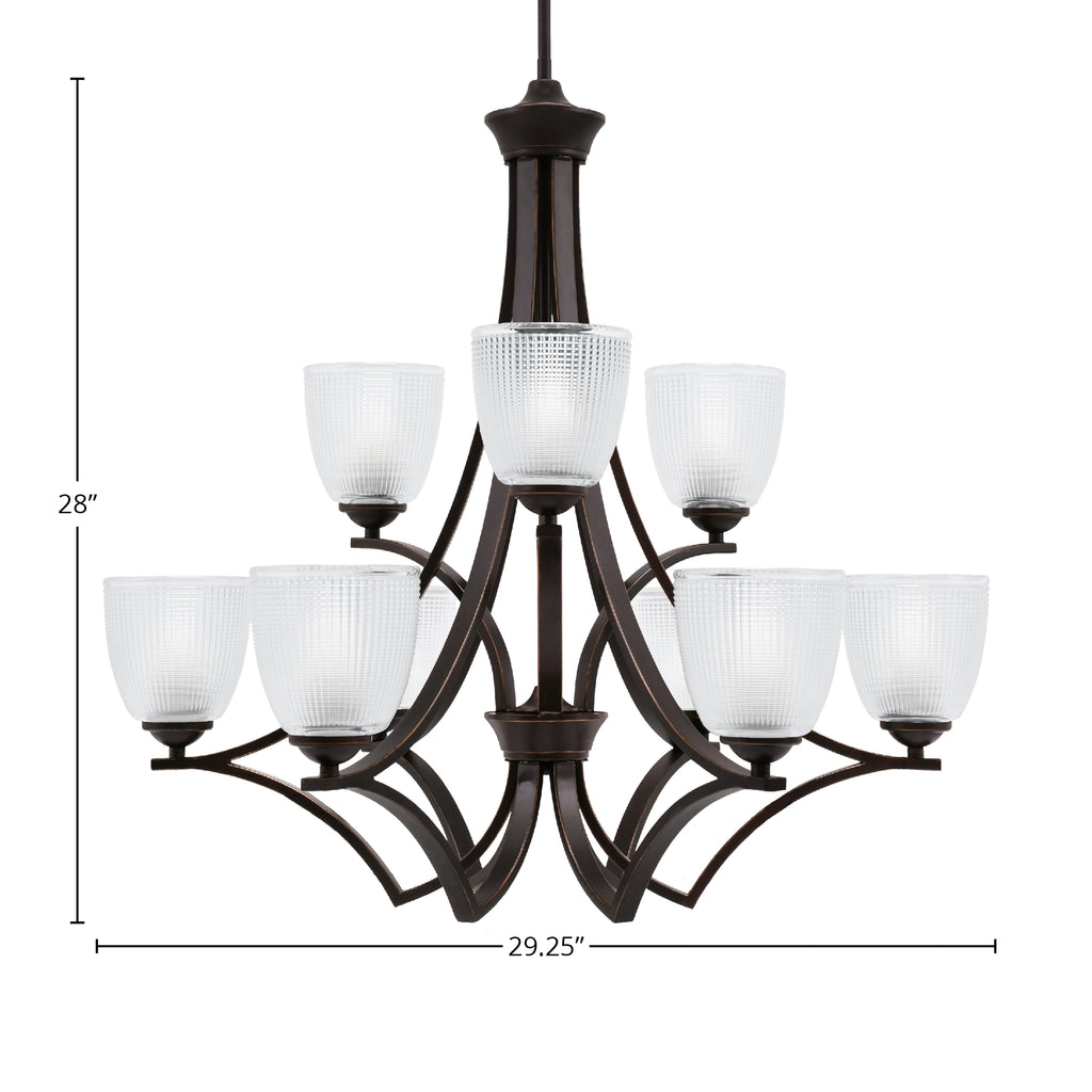 Zilo Nine Light Chandelier in Dark Granite with 5" Clear Ribbed Shade