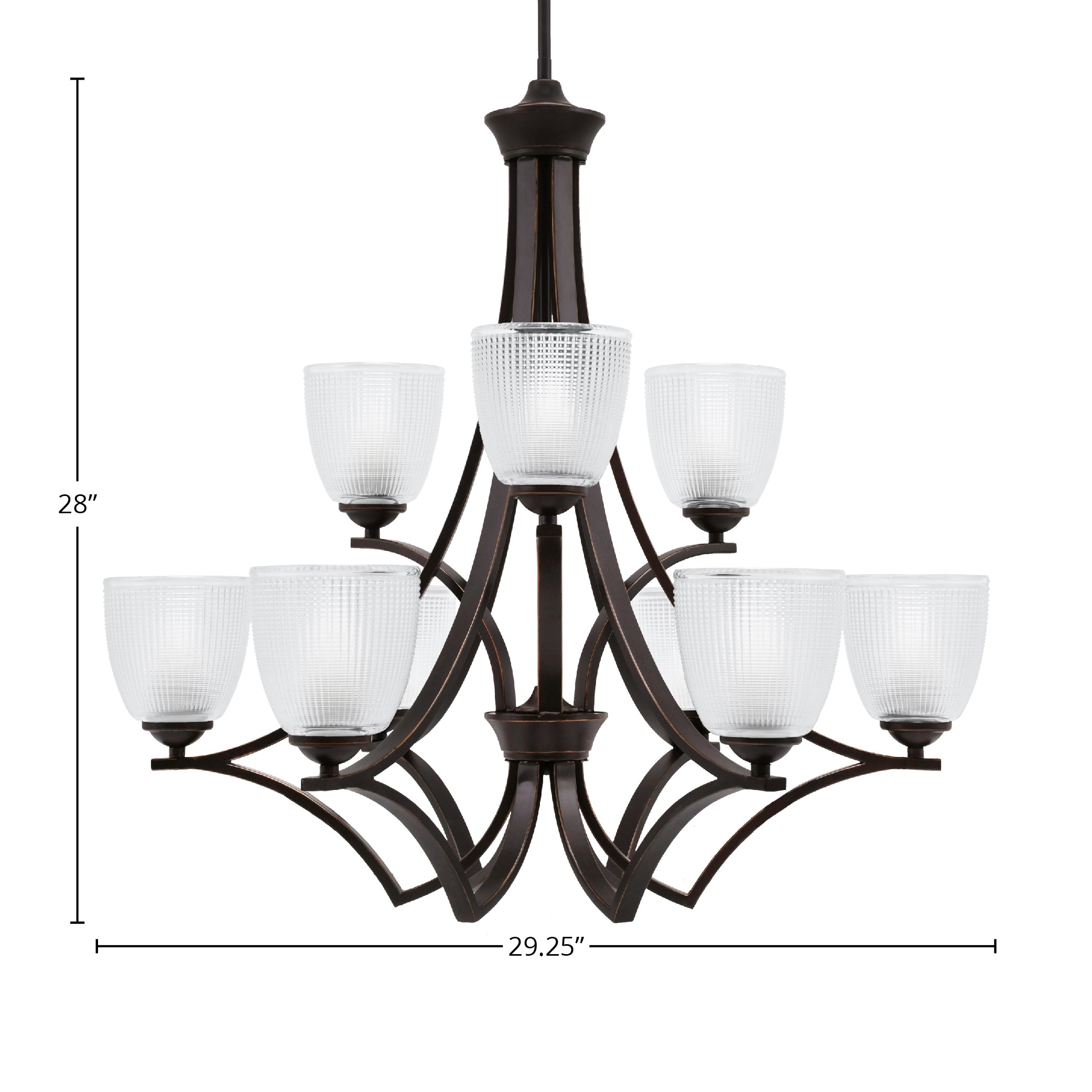 Zilo Nine Light Chandelier in Dark Granite with 5" Clear Ribbed Shade