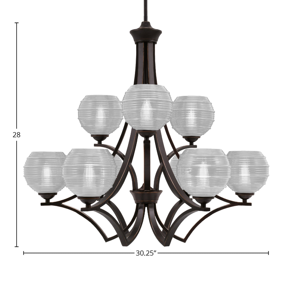 Zilo Nine Light Chandelier in Dark Granite with 6" Clear Ribbed Shade