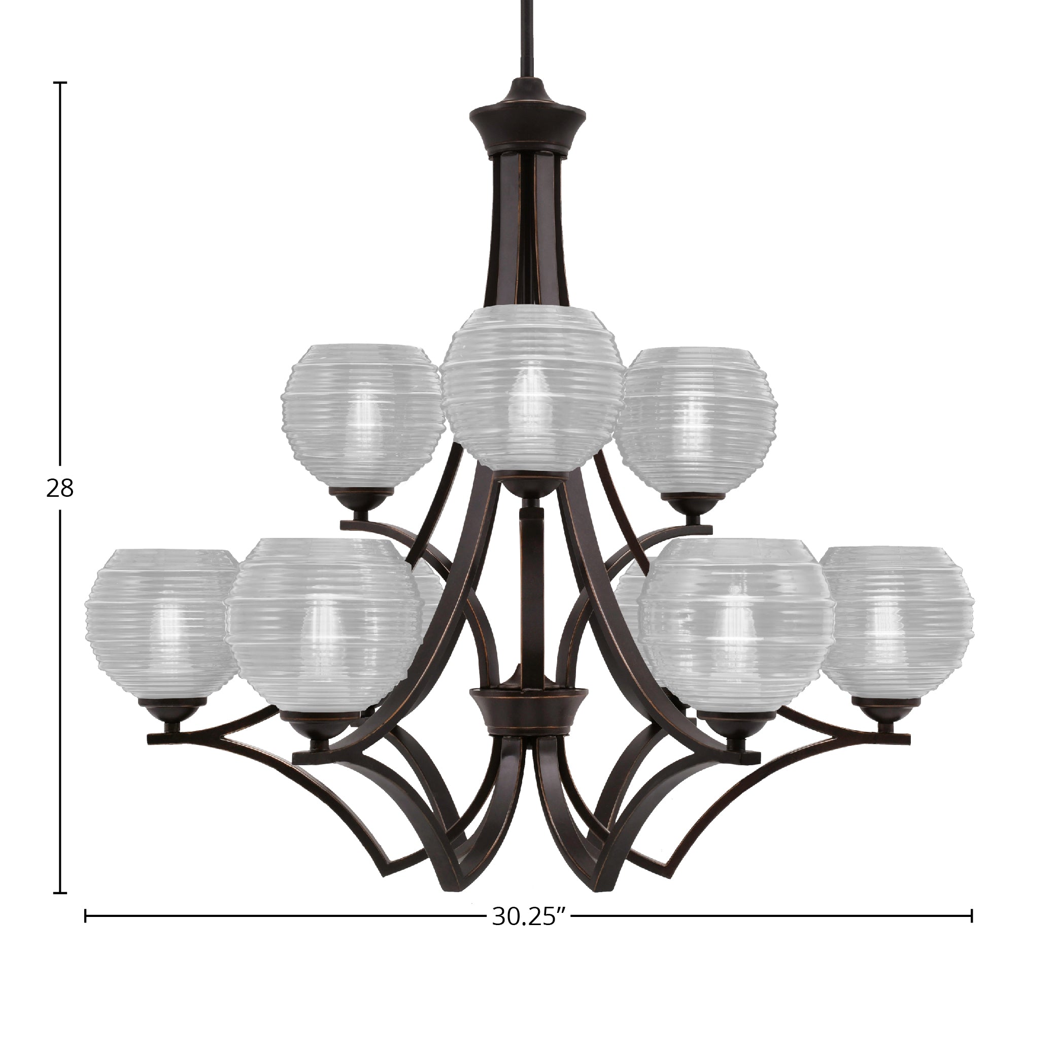 Zilo Nine Light Chandelier in Dark Granite with 6" Clear Ribbed Shade