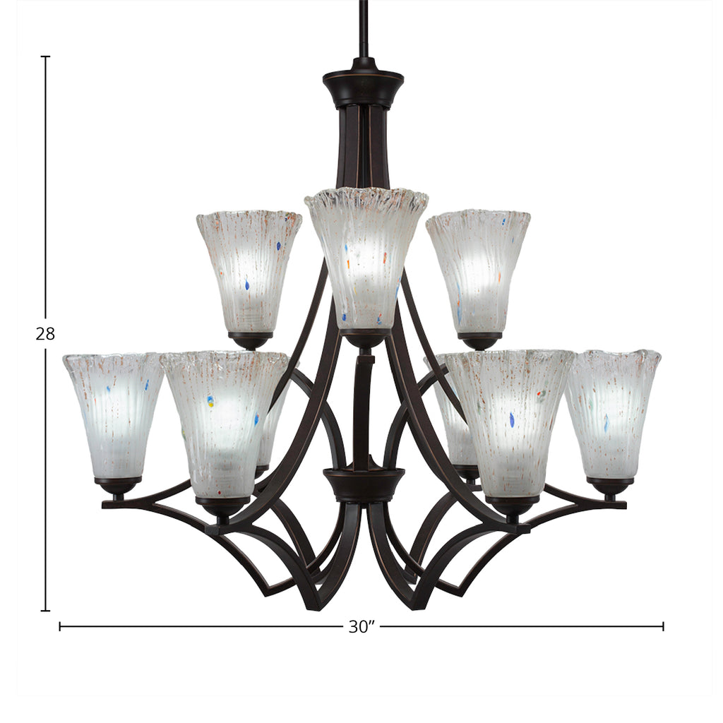 Zilo Nine Light Chandelier in Dark Granite with 5.5" Fluted Frosted Crystal Shade