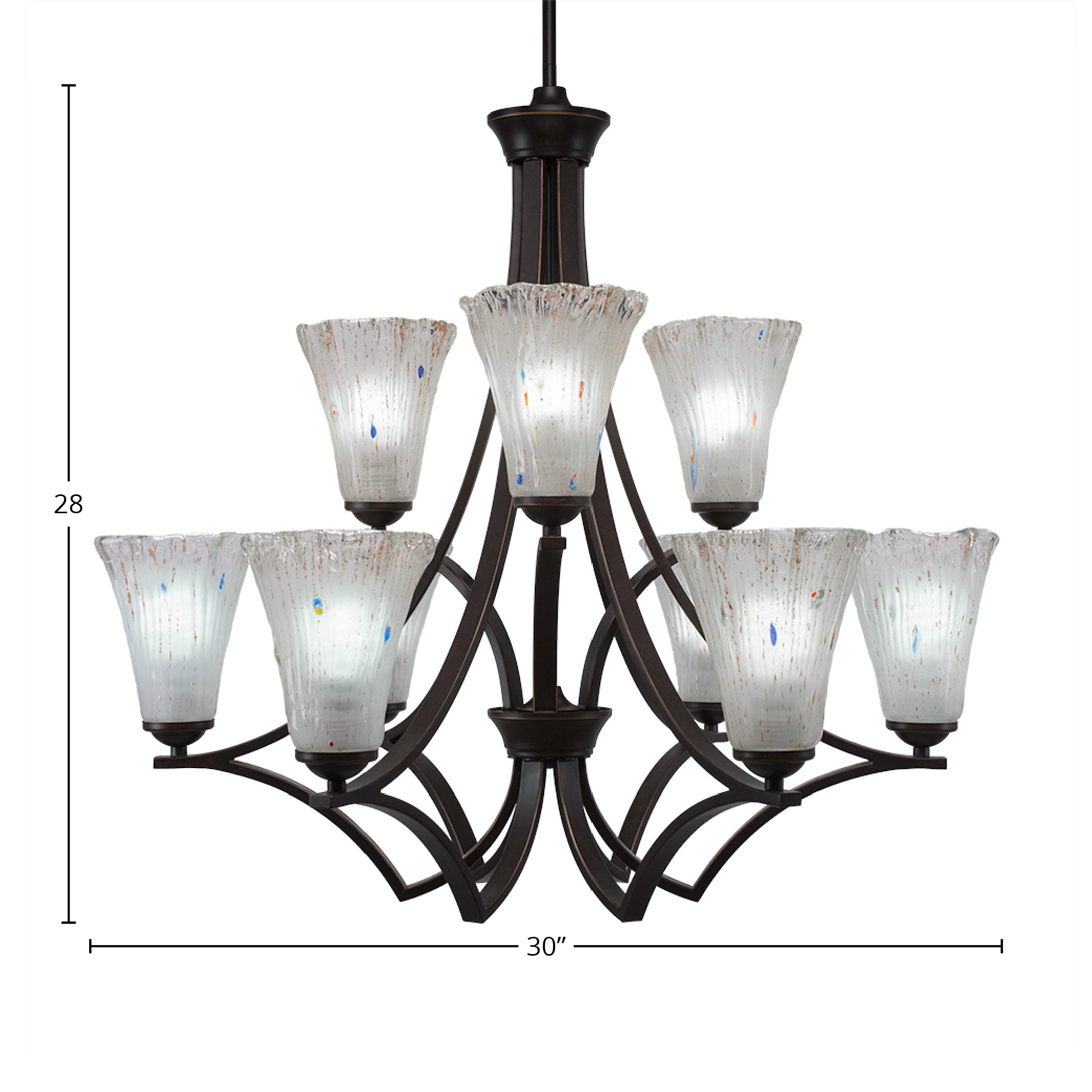 Zilo Nine Light Chandelier in Dark Granite with 5.5" Fluted Frosted Crystal Shade