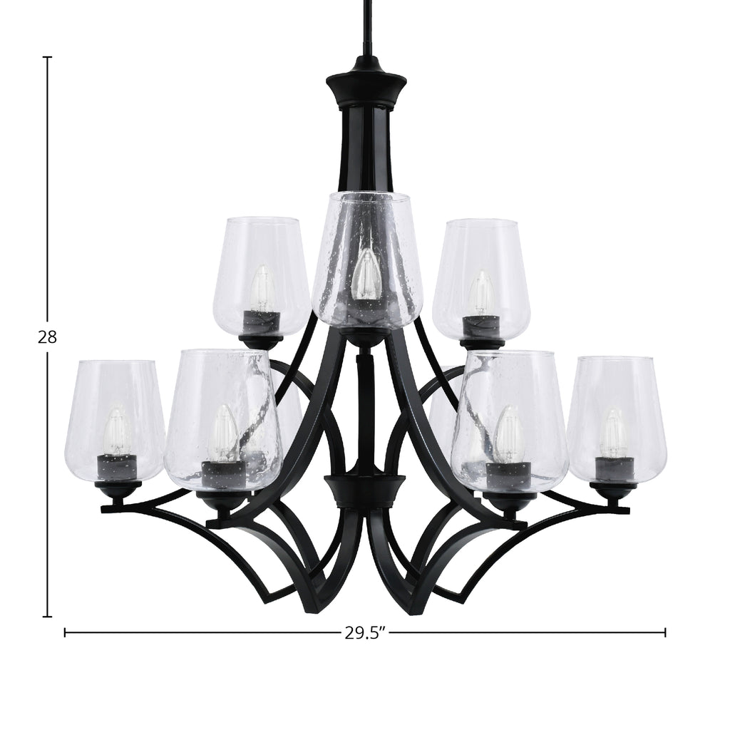 Zilo Nine Light Chandelier in Matte Black with 5" Clear Bubble Shade