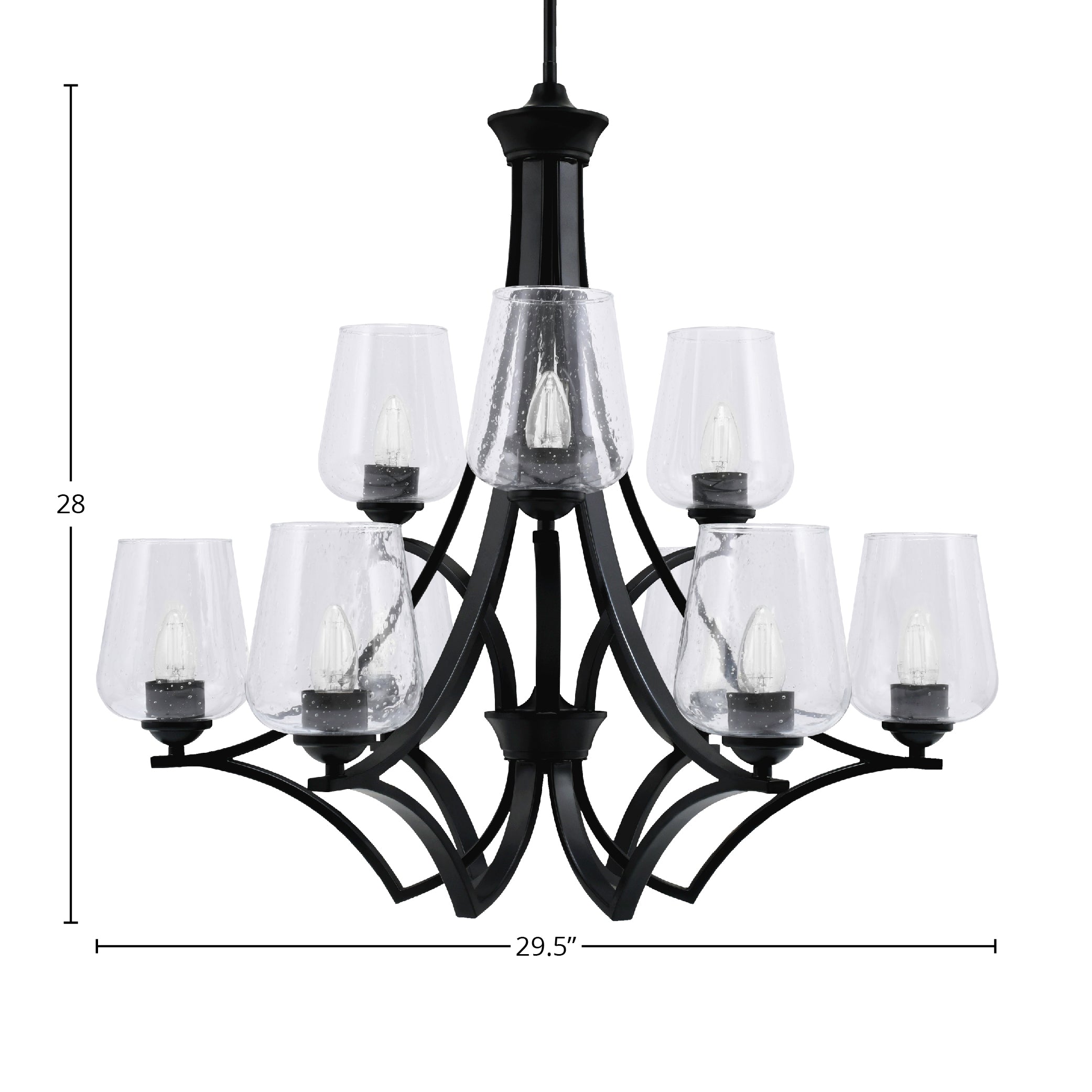 Zilo Nine Light Chandelier in Matte Black with 5" Clear Bubble Shade