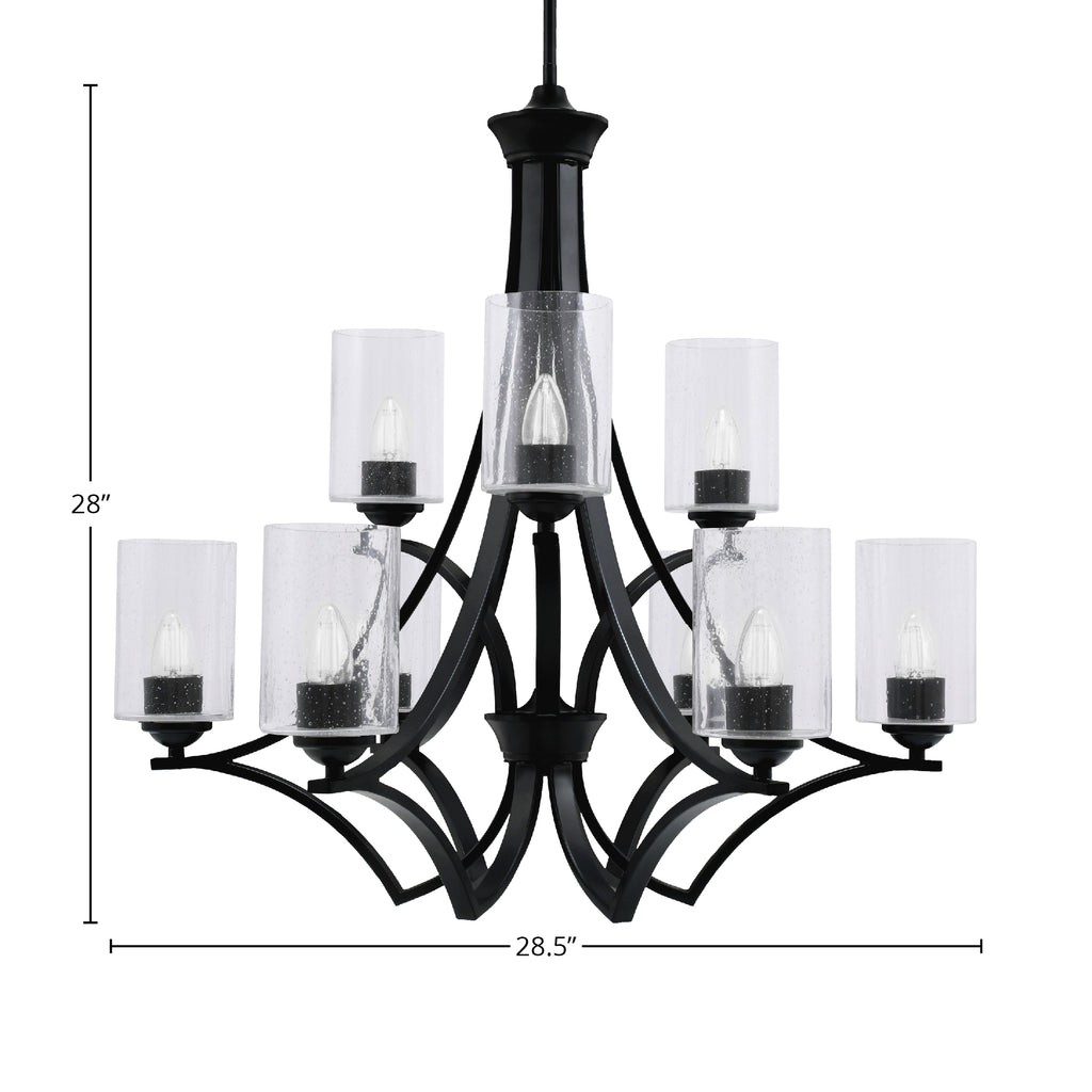 Zilo Nine Light Chandelier in Matte Black with 4" Clear Bubble Shade