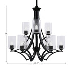Zilo Nine Light Chandelier in Matte Black with 4" Clear Bubble Shade