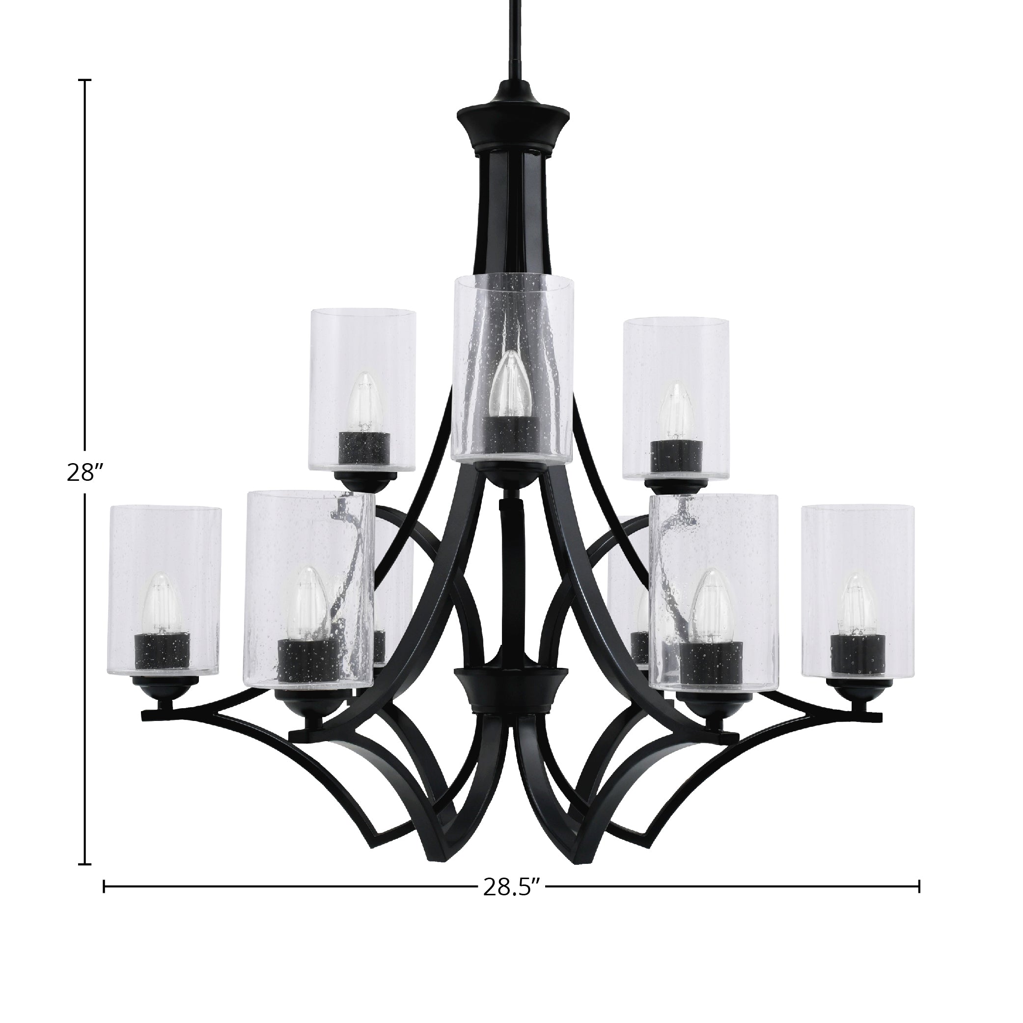 Zilo Nine Light Chandelier in Matte Black with 4" Clear Bubble Shade