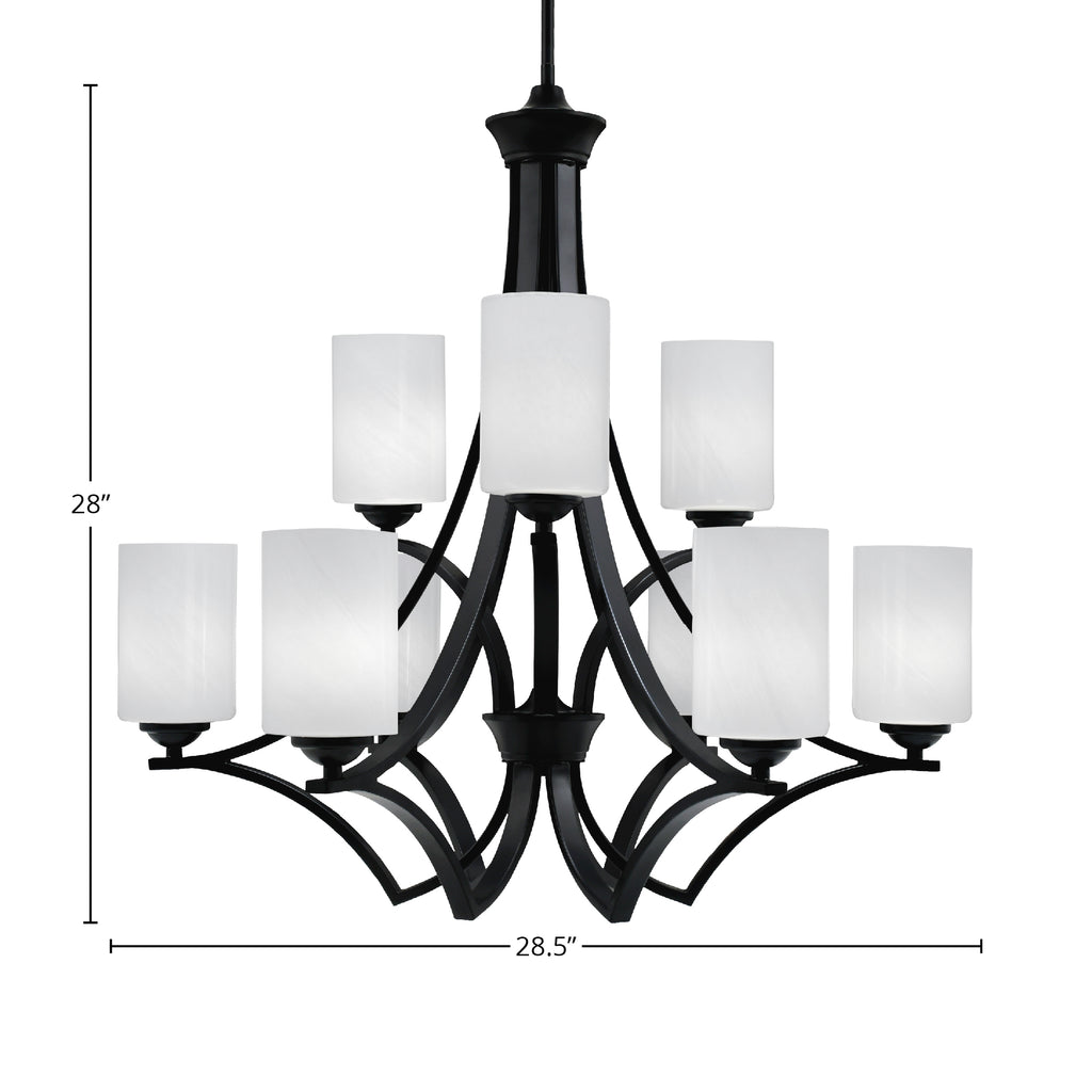 Zilo Nine Light Chandelier in Matte Black with 4" White Marble Shade