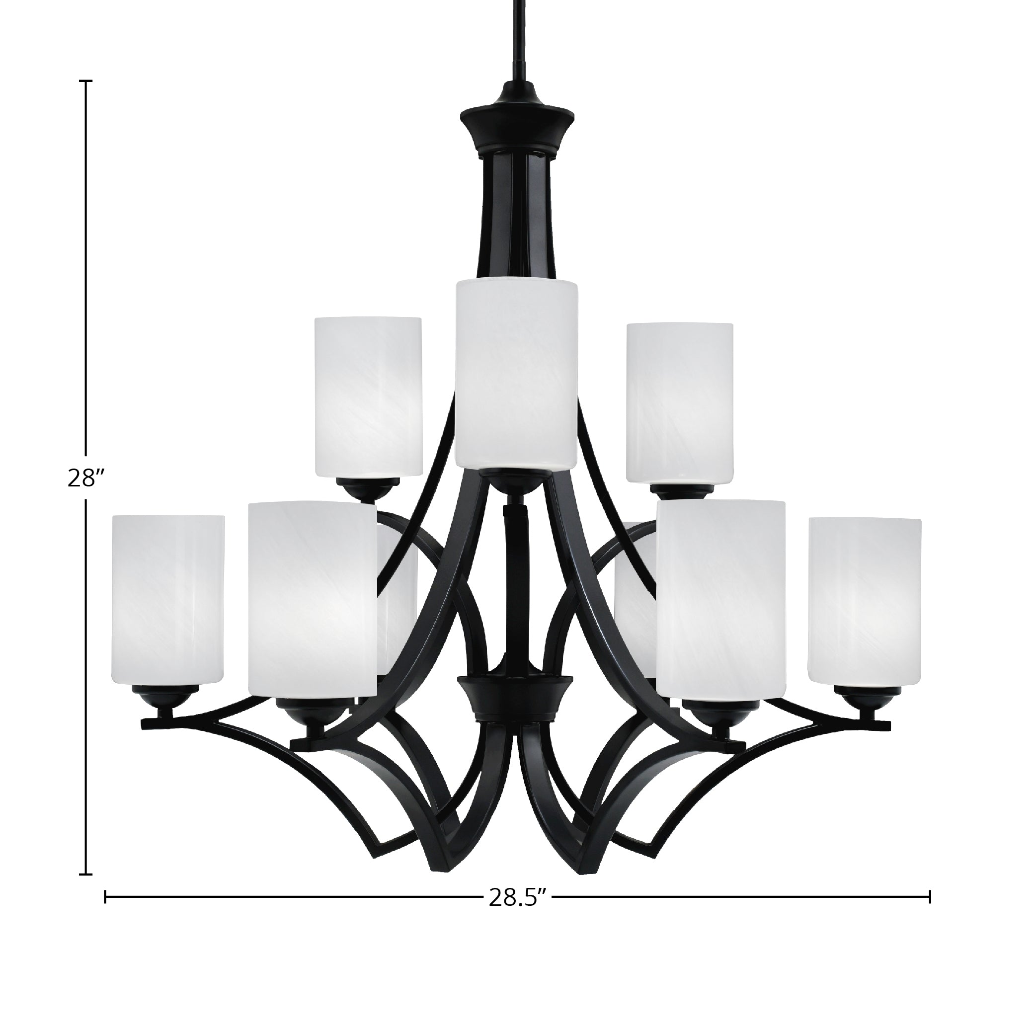 Zilo Nine Light Chandelier in Matte Black with 4" White Marble Shade
