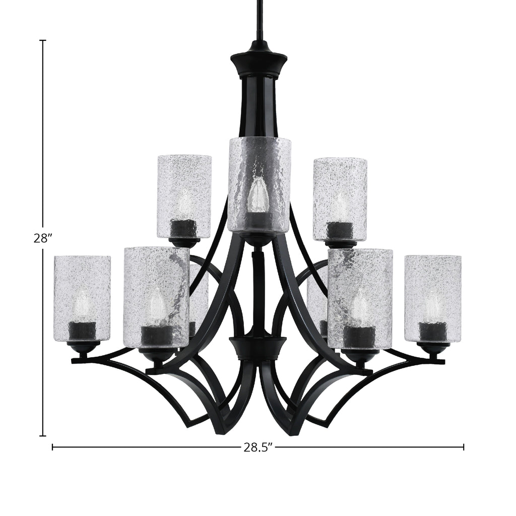 Zilo Nine Light Chandelier in Matte Black with 4" Smoke Bubble Shade